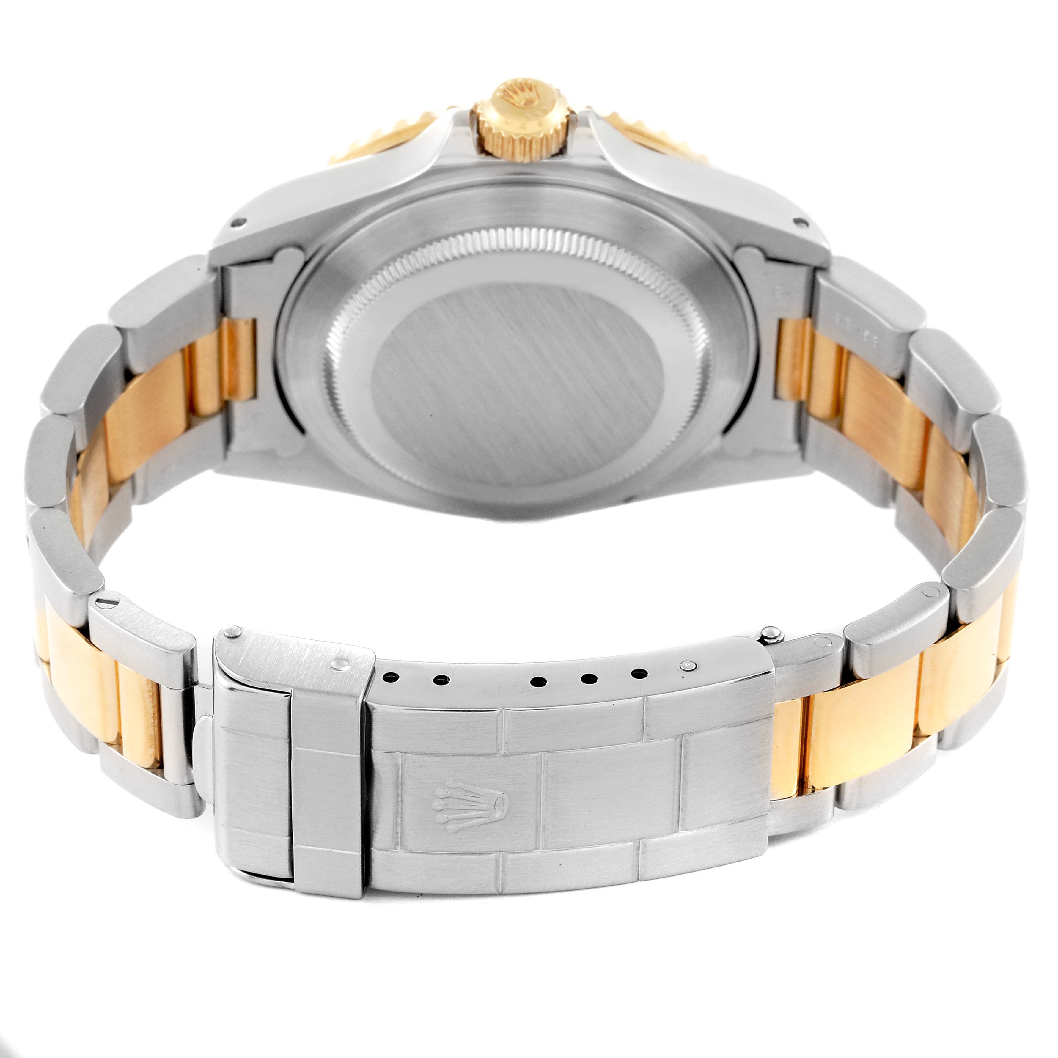 The image shows the back of the Rolex Submariner 16613 Men's Steel and Gold (two tone) Grey Dial 16613 Men's Steel and Gold (two tone) Grey Dial watch, including its case back, crown, and two-tone bracelet clasp.