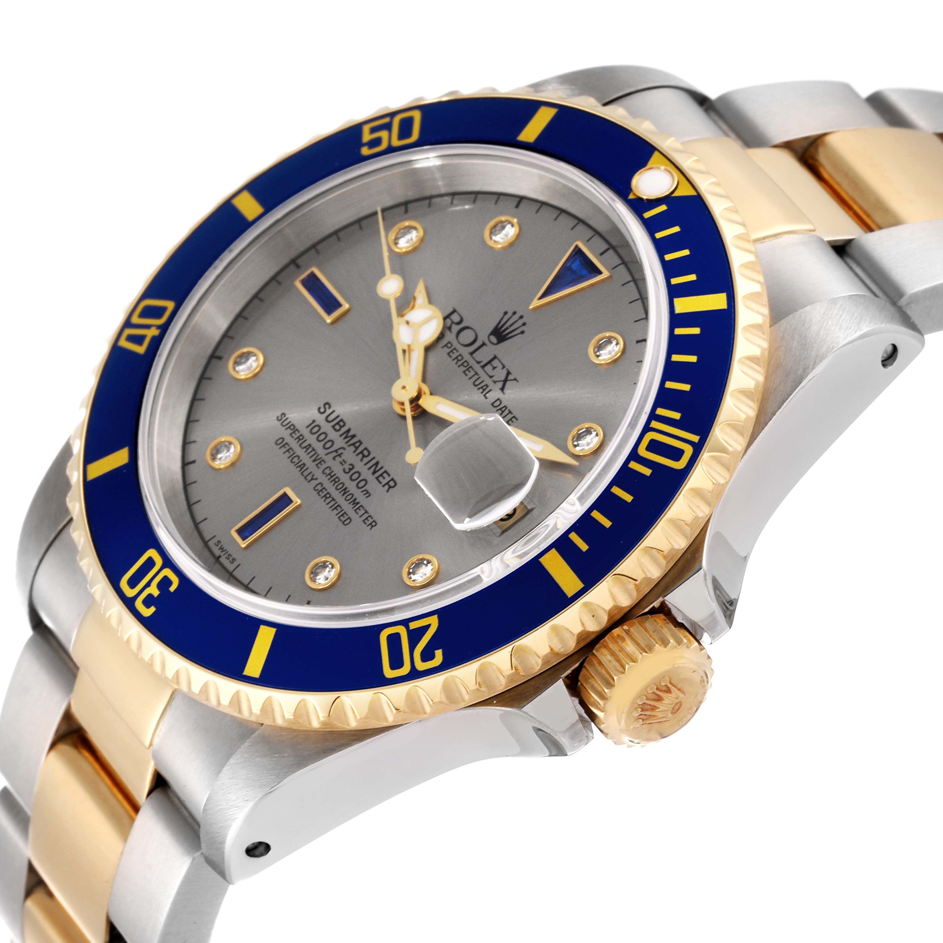 The Rolex Submariner 16613 Men's Steel and Gold (two tone) Grey Dial 16613 Men's Steel and Gold (two tone) Grey Dial watch is shown at an oblique angle, highlighting the dial, bezel, crown, and part of the bracelet.