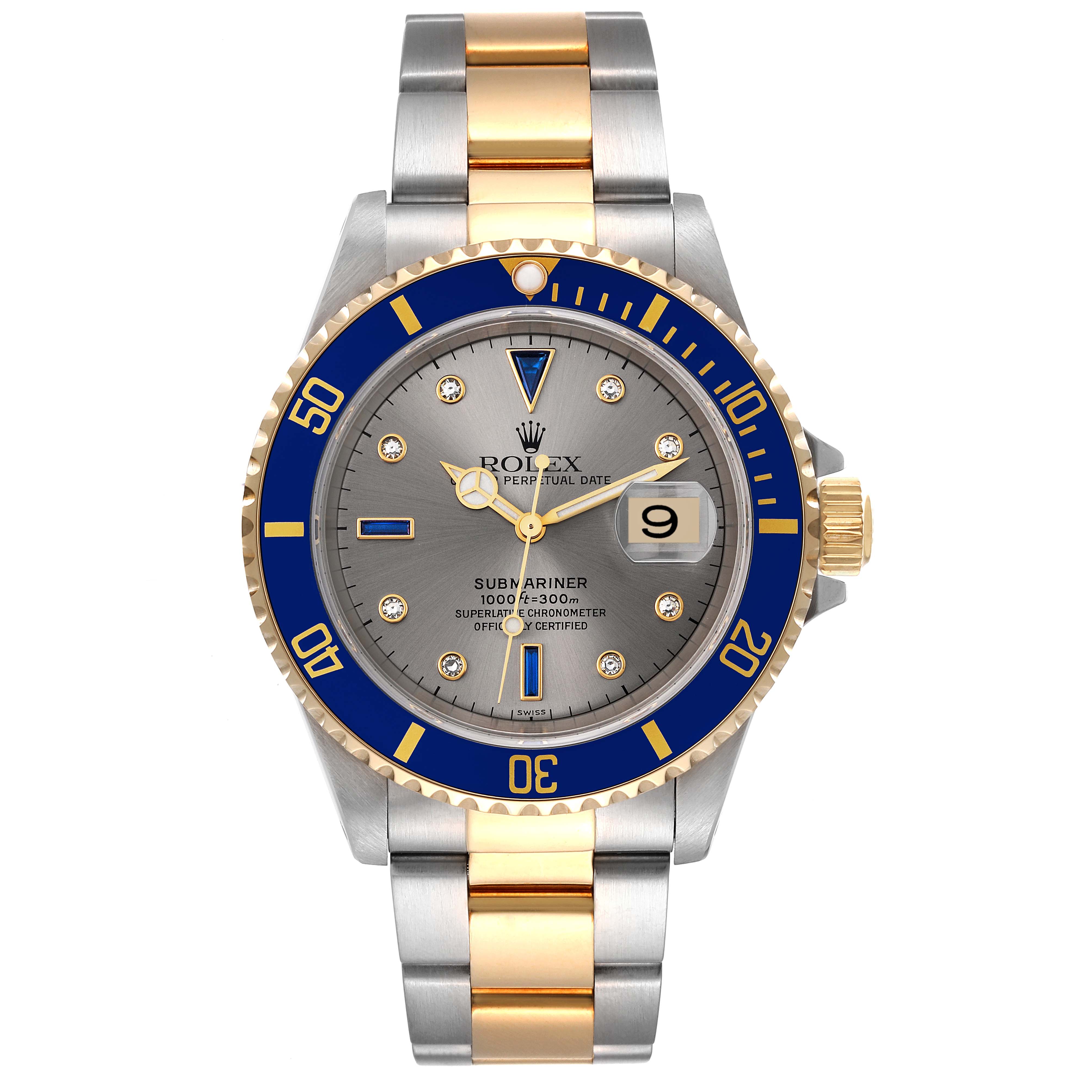 The Rolex Submariner 16613 Men's Steel and Gold (two tone) Grey Dial 16613 Men's Steel and Gold (two tone) Grey Dial watch is shown from a front angle, displaying its face, bezel, and bracelet.