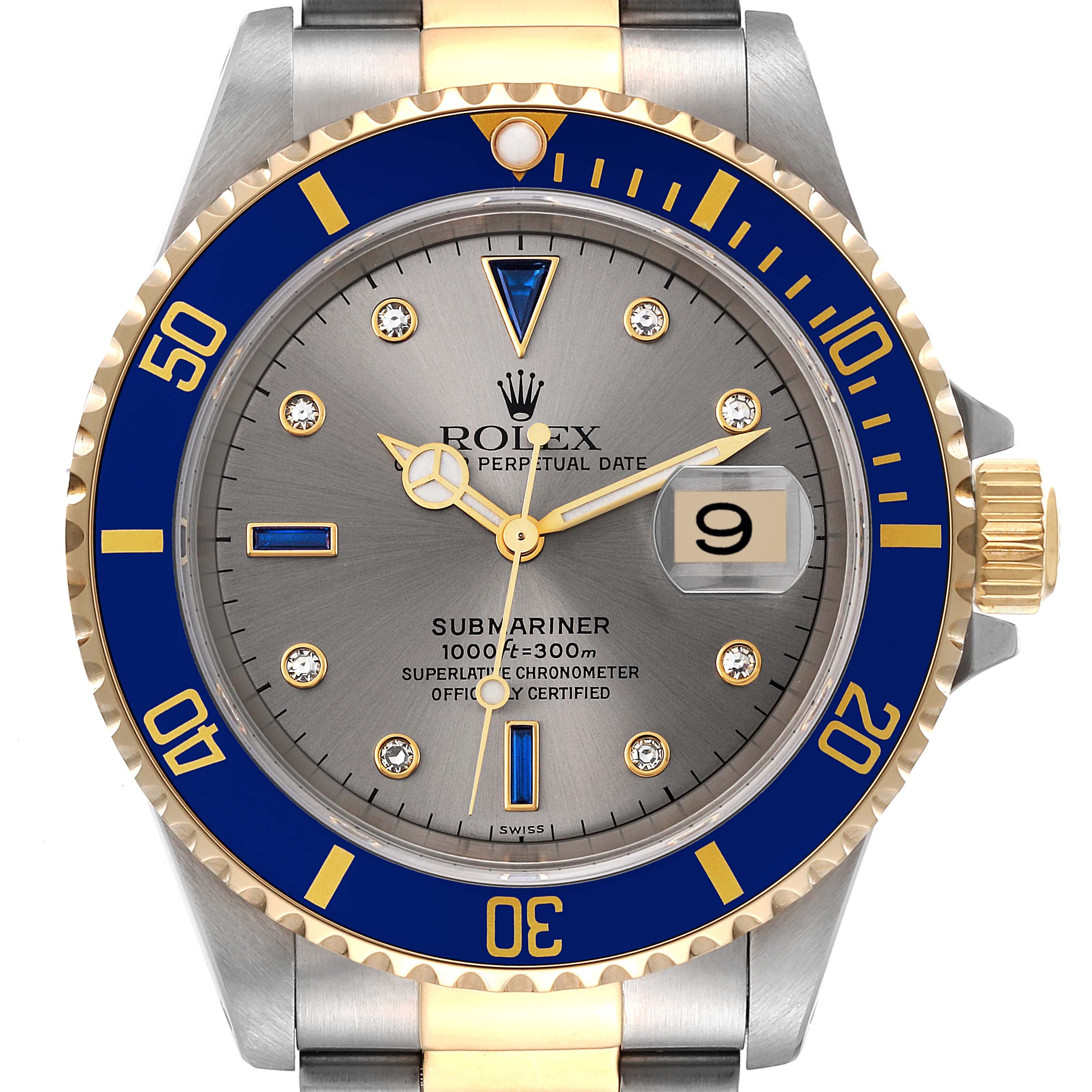 The image shows a front view of a Rolex Submariner 16613 Men's Steel and Gold (two tone) Grey Dial 16613 Men's Steel and Gold (two tone) Grey Dial watch, featuring a blue and gold bezel, date window, and stainless steel and gold band.
