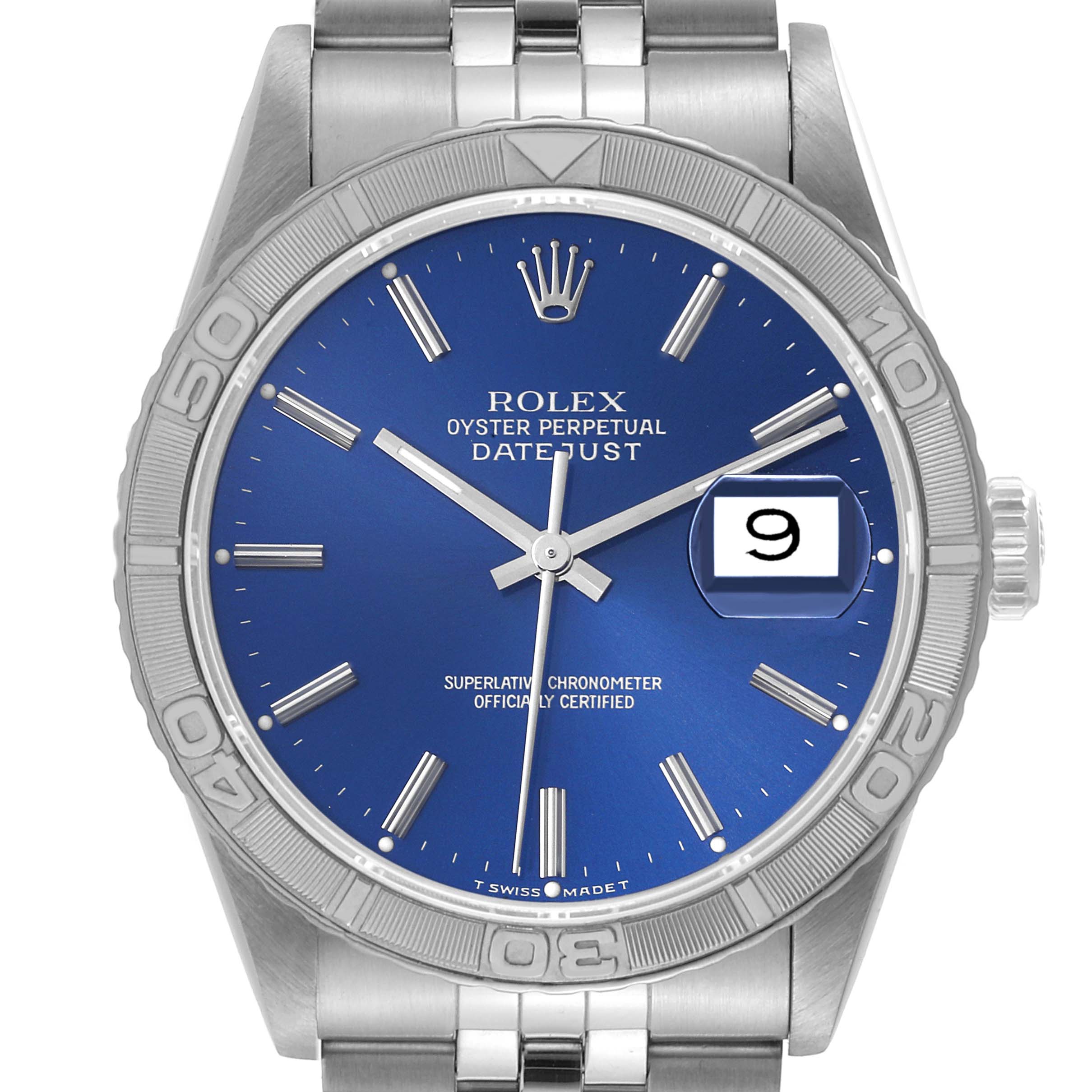This image shows the front face and part of the bracelet of a Rolex Turn-o-Graph 16264 Men
s Stainless Steel Blue Dial 16264 Men
s Stainless Steel Blue Dial Datejust watch.