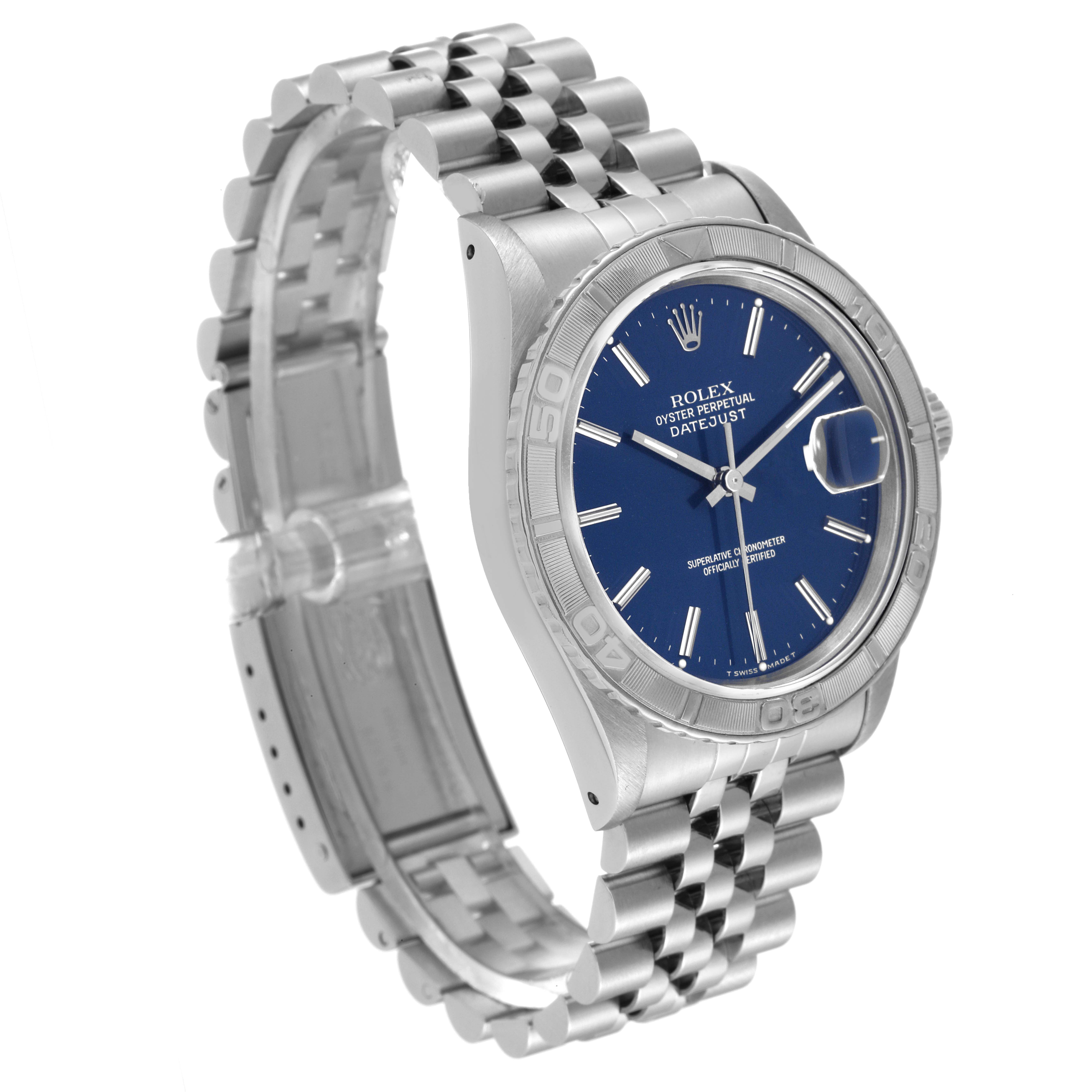 The image shows a side view of the Rolex Turn-o-Graph 16264 Men
s Stainless Steel Blue Dial 16264 Men
s Stainless Steel Blue Dial watch, highlighting its blue dial and jubilee bracelet.