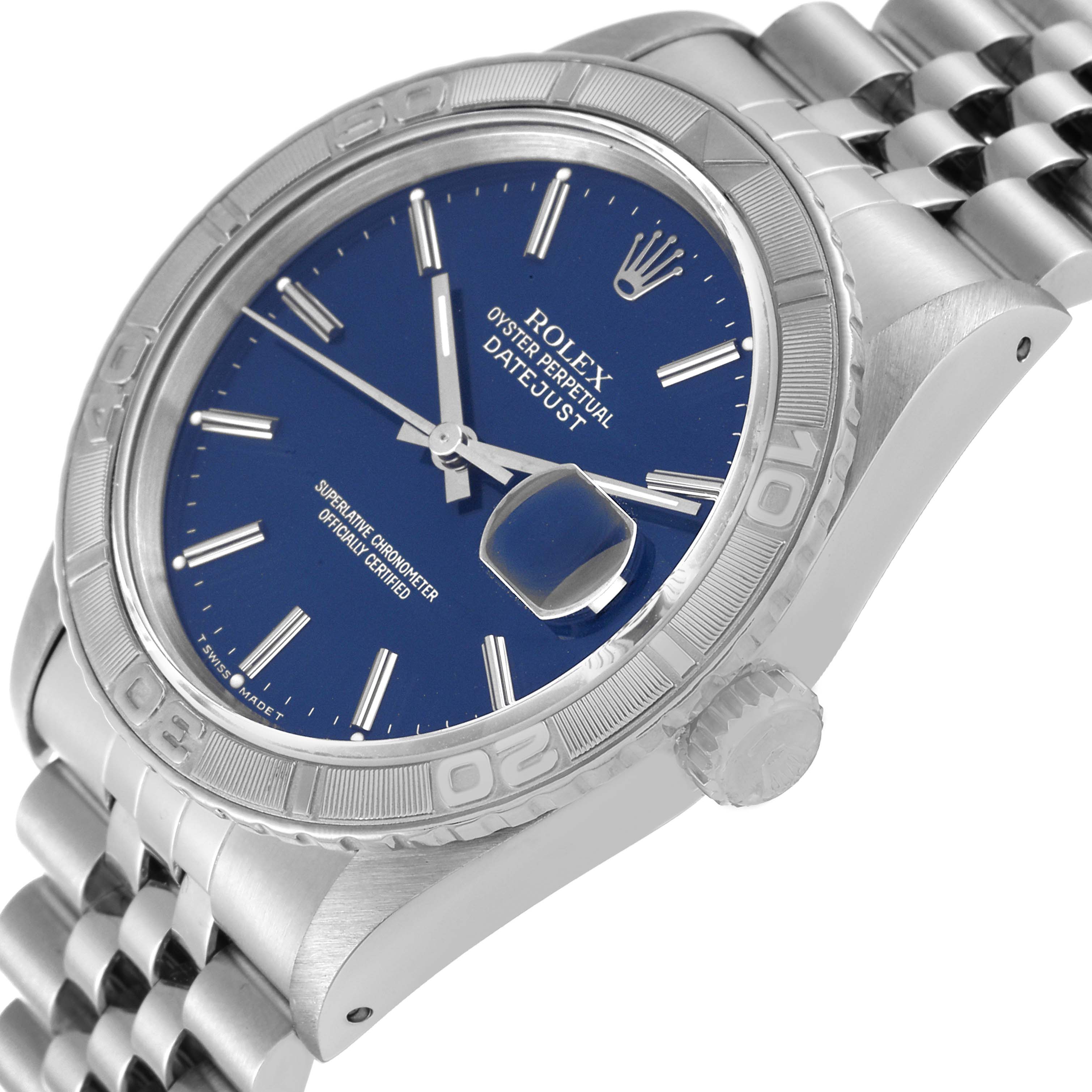 The image shows a close-up angled view of the dial, bezel, crown, and bracelet of a Rolex Turn-o-Graph 16264 Men
s Stainless Steel Blue Dial 16264 Men
s Stainless Steel Blue Dial watch.