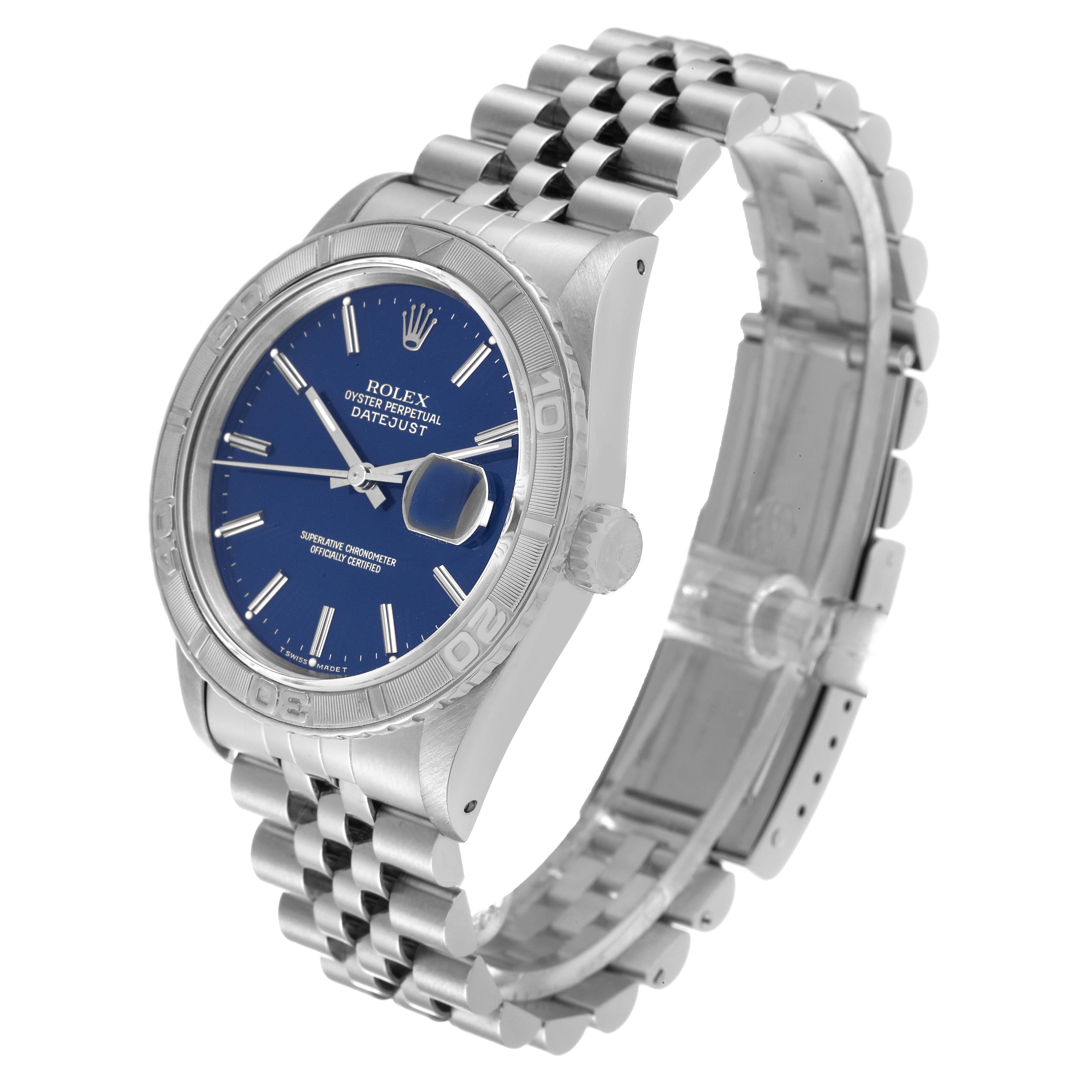 This image shows a Rolex Turn-o-Graph 16264 Men
s Stainless Steel Blue Dial 16264 Men
s Stainless Steel Blue Dial watch at a 3/4 angle, highlighting the blue dial, bezel, and bracelet.