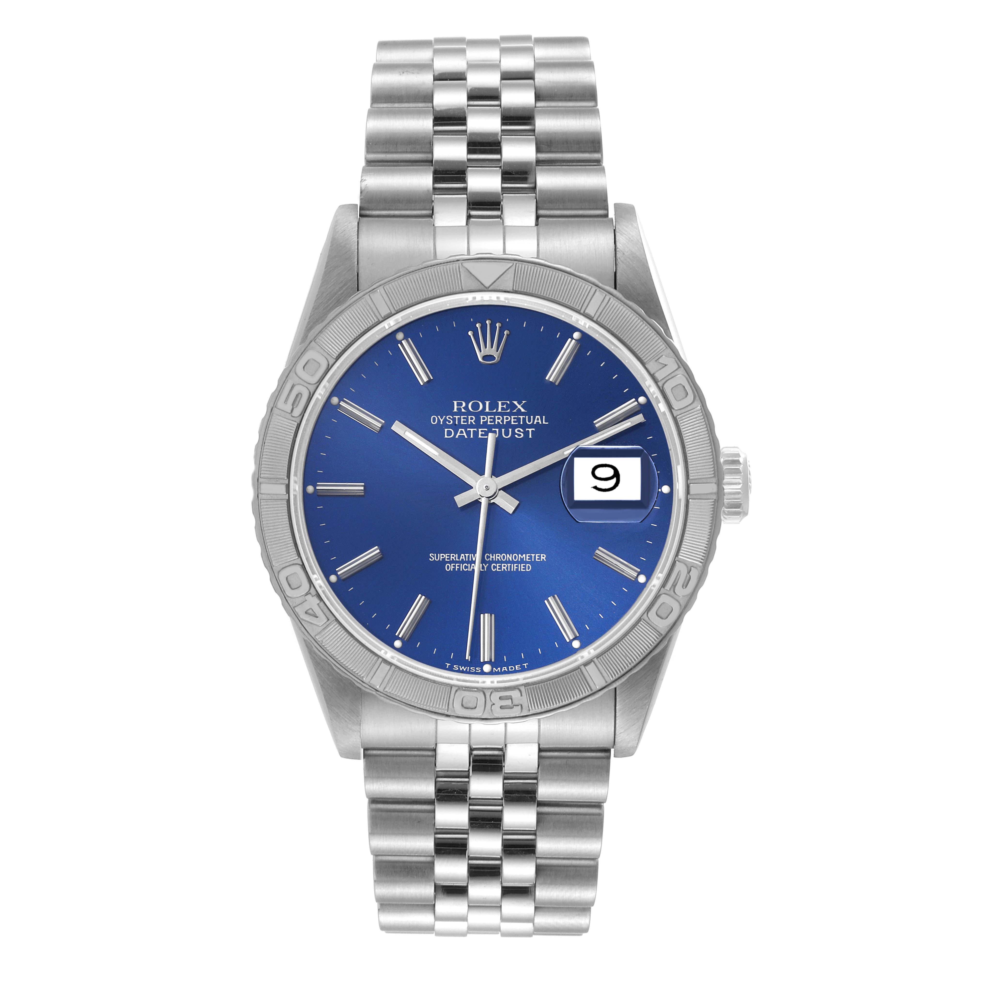This image shows the front of a Rolex Turn-o-Graph 16264 Men
s Stainless Steel Blue Dial 16264 Men
s Stainless Steel Blue Dial Datejust watch, displaying its blue dial, date window, and silver bracelet.
