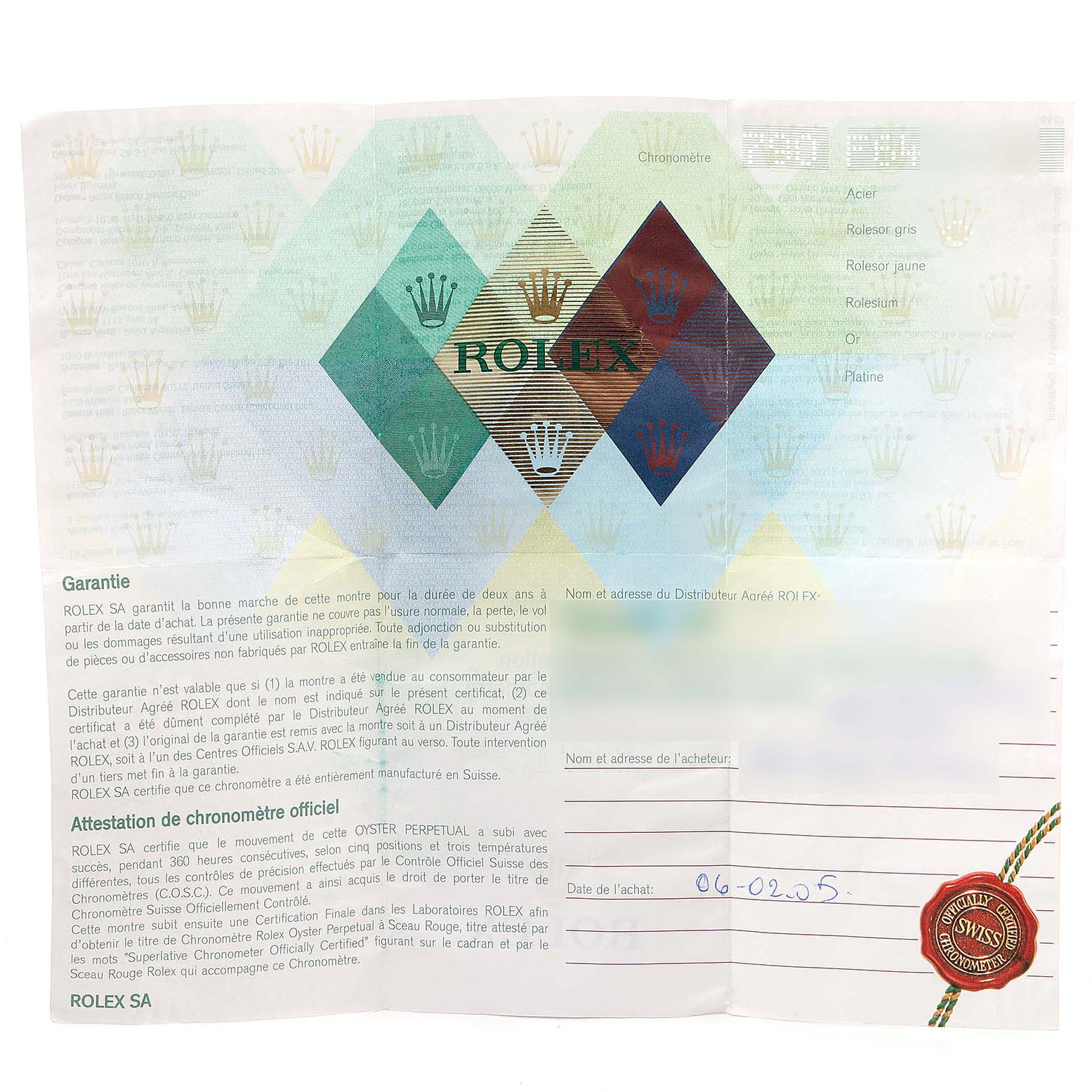 The image shows a warranty and certification document for a Rolex Turn-o-Graph 116264 Men's Stainless Steel White Dial 116264 Men's Stainless Steel White Dial model watch.