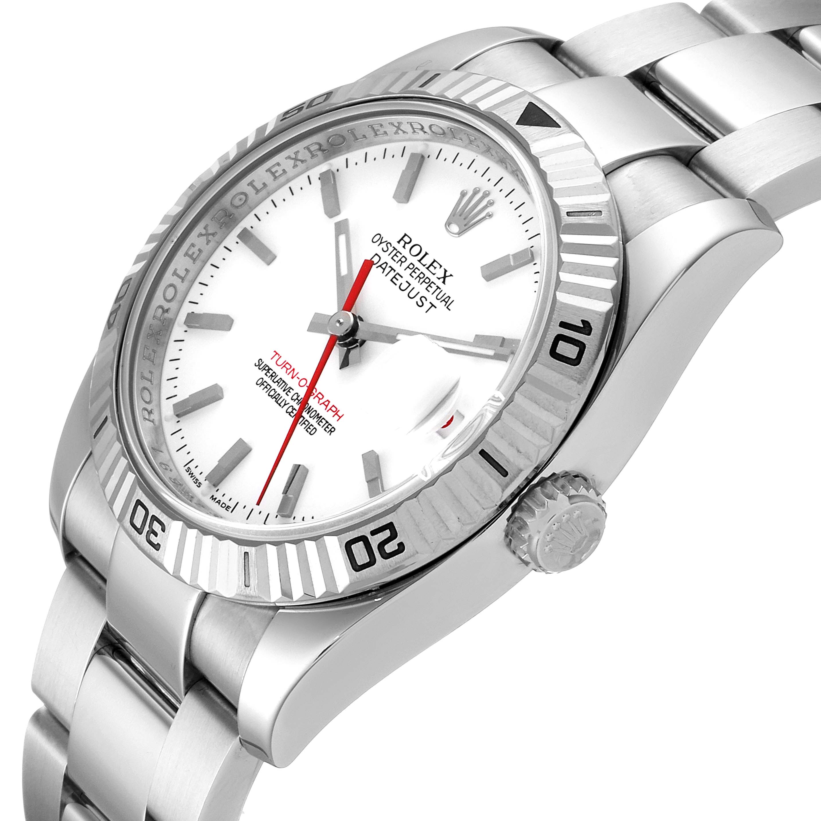 The image shows a Rolex Turn-o-Graph 116264 Men's Stainless Steel White Dial 116264 Men's Stainless Steel White Dial watch from an angled view, highlighting the dial, bezel, crown, and part of the bracelet.
