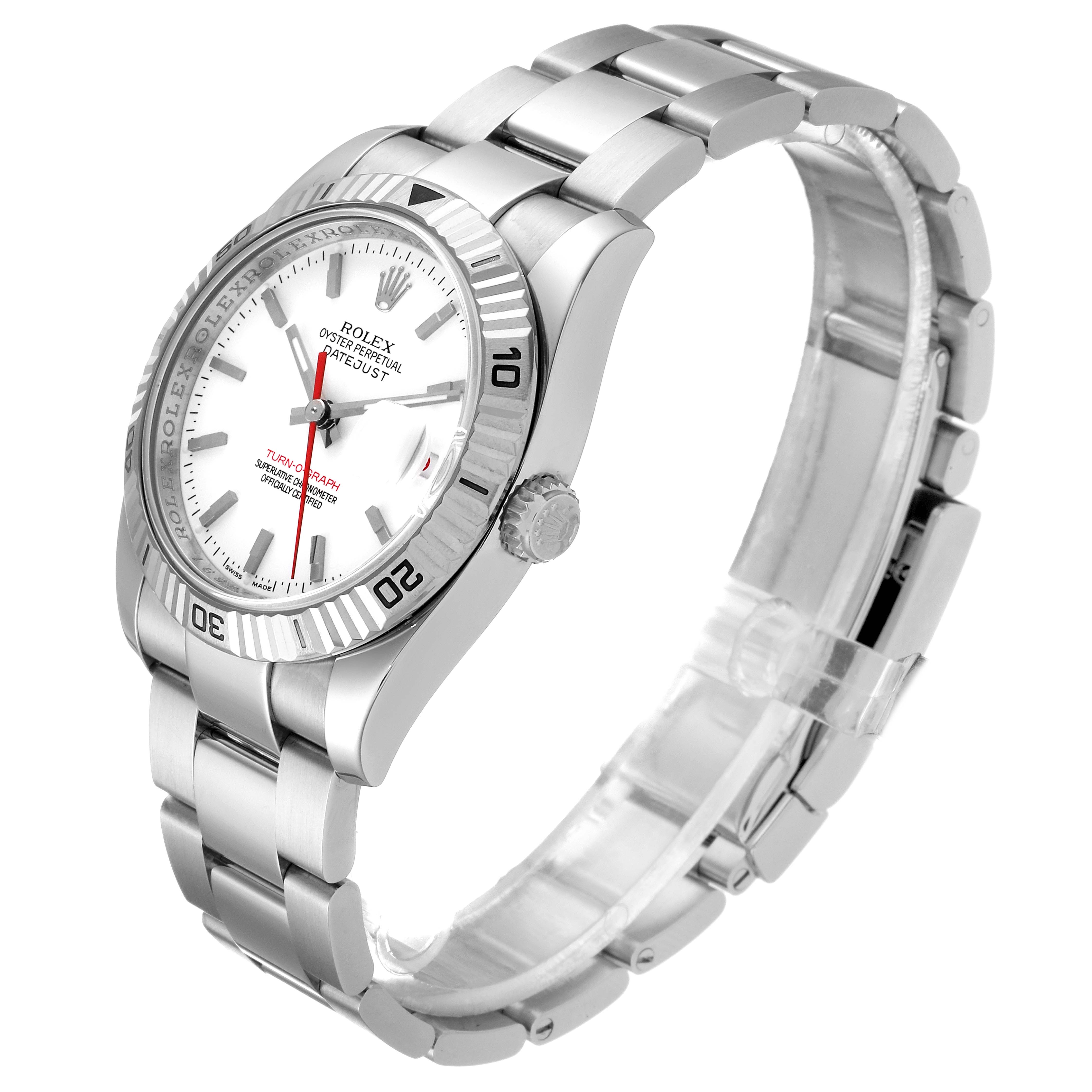 The Rolex Turn-o-Graph 116264 Men's Stainless Steel White Dial 116264 Men's Stainless Steel White Dial model is shown at an angled side view, displaying the face, bezel, crown, and bracelet.