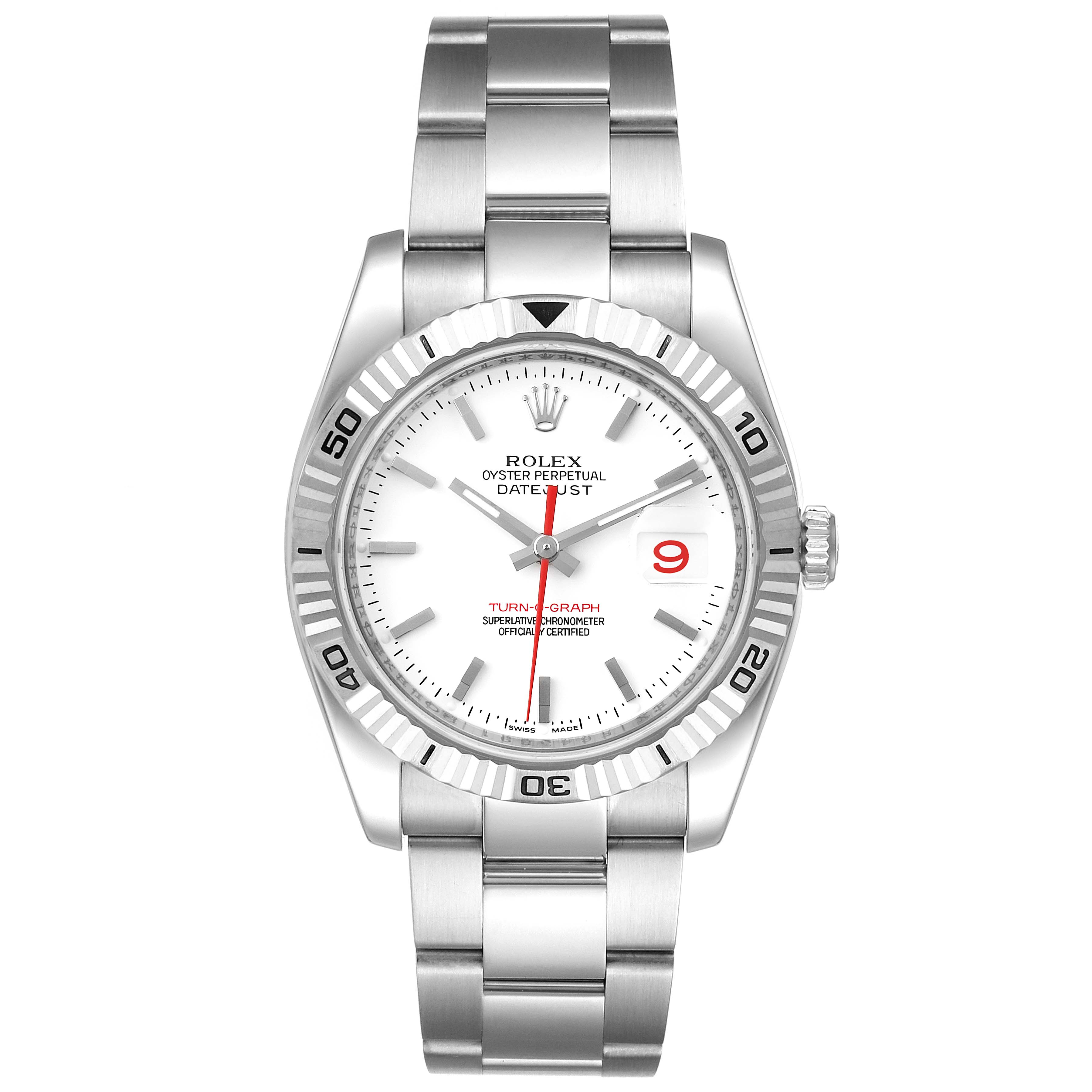 The image shows a front view of a Rolex Turn-o-Graph 116264 Men's Stainless Steel White Dial 116264 Men's Stainless Steel White Dial watch, displaying its dial, bezel, crown, and bracelet.