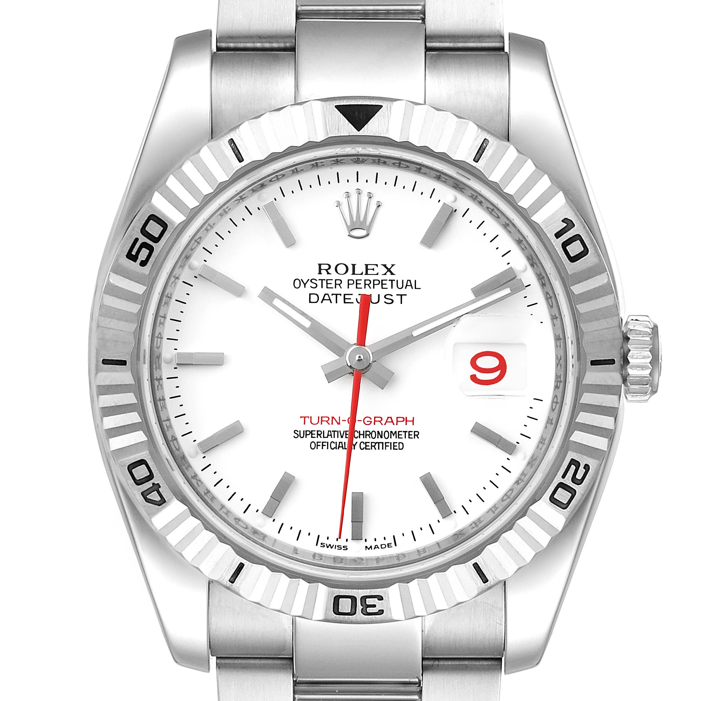 This image shows a front view of the Rolex Turn-o-Graph 116264 Men's Stainless Steel White Dial 116264 Men's Stainless Steel White Dial watch, highlighting its dial, bezel, and crown.