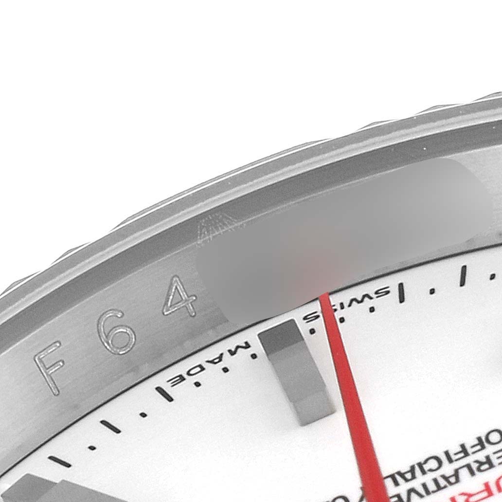 This close-up image shows the bezel with an engraved number, part of the dial, and the second hand of the Rolex Turn-o-Graph 116264 Men's Stainless Steel White Dial 116264 Men's Stainless Steel White Dial model.