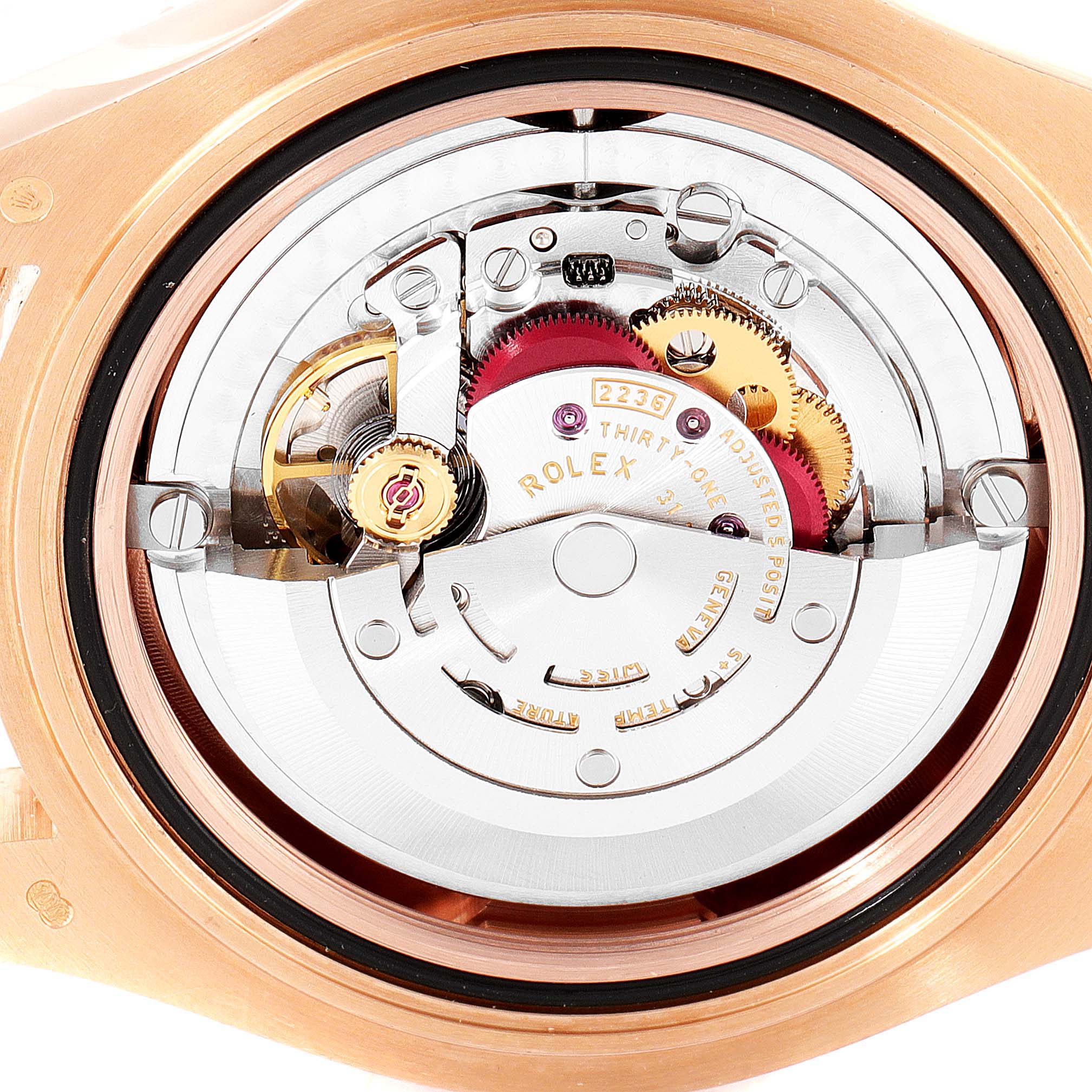 The image shows the internal mechanical movement of a Rolex Yacht-Master 268655 Men
s Rose Gold Black Dial 268655 Men
s Rose Gold Black Dial watch, viewed from the back case.
