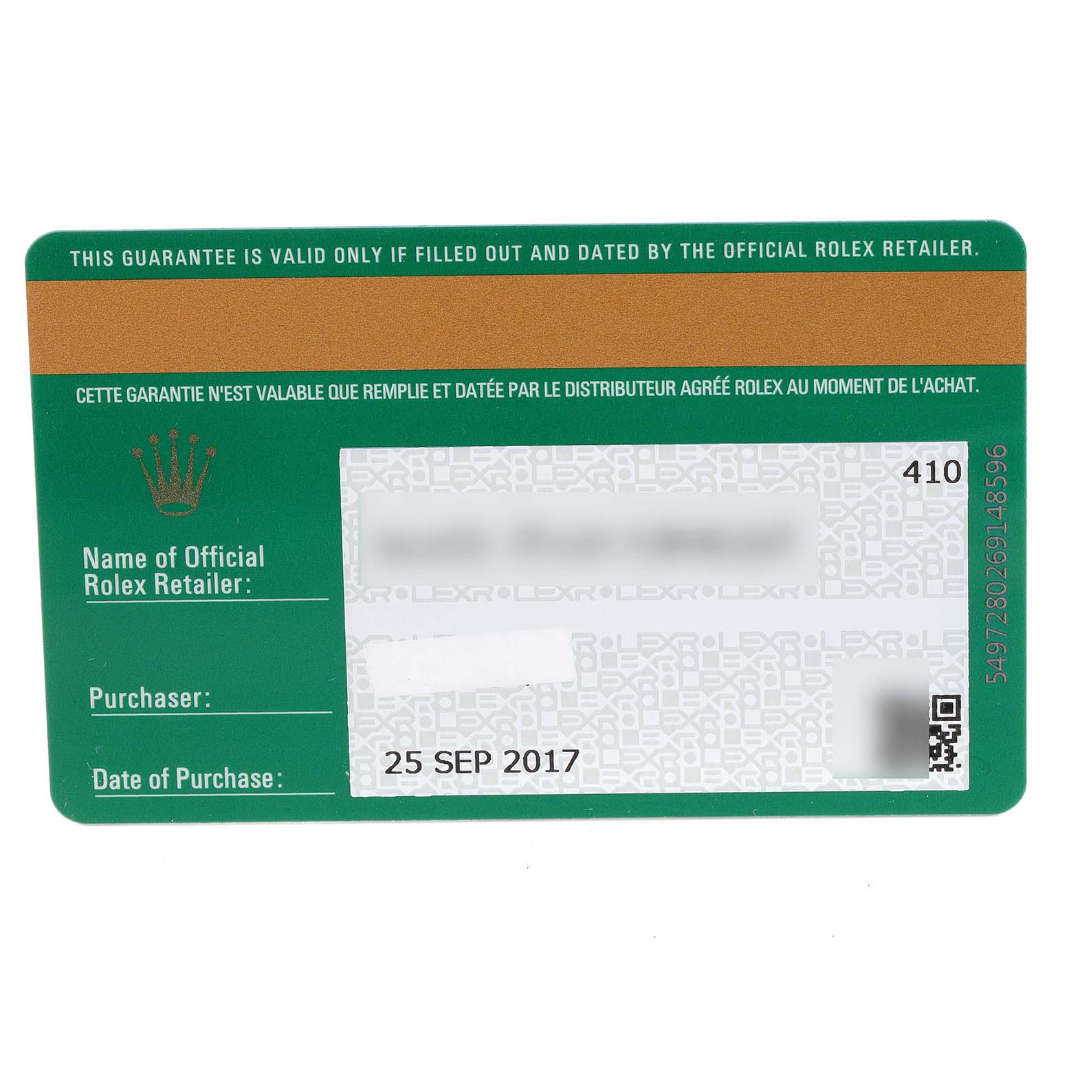 This image shows the warranty card for a Rolex Yacht-Master 268655 Men
s Rose Gold Black Dial 268655 Men
s Rose Gold Black Dial watch, detailing retailer, purchaser, and purchase date.