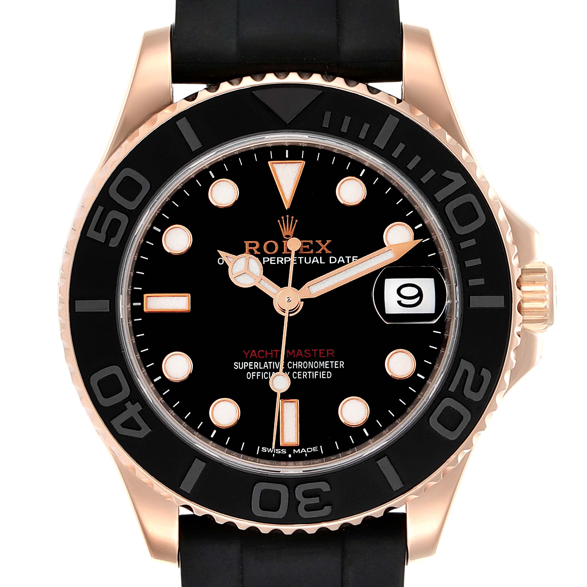The image shows a front view of the Rolex Yacht-Master 268655 Men
s Rose Gold Black Dial 268655 Men
s Rose Gold Black Dial, displaying the dial, bezel, and part of the strap.