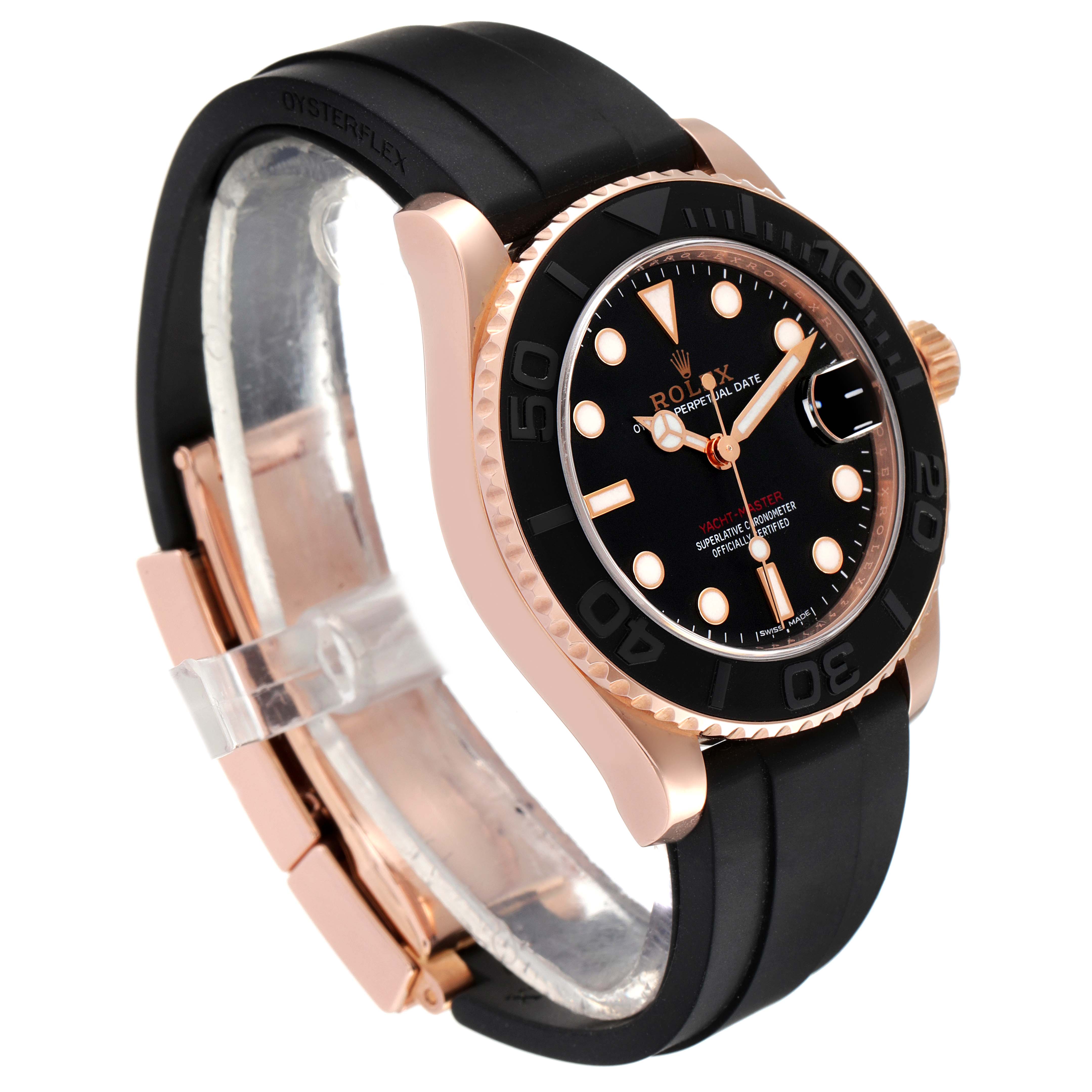 The image shows a Rolex Yacht-Master 268655 Men
s Rose Gold Black Dial 268655 Men
s Rose Gold Black Dial watch at an angled view, displaying the black dial, bezel, and gold case with a black strap.