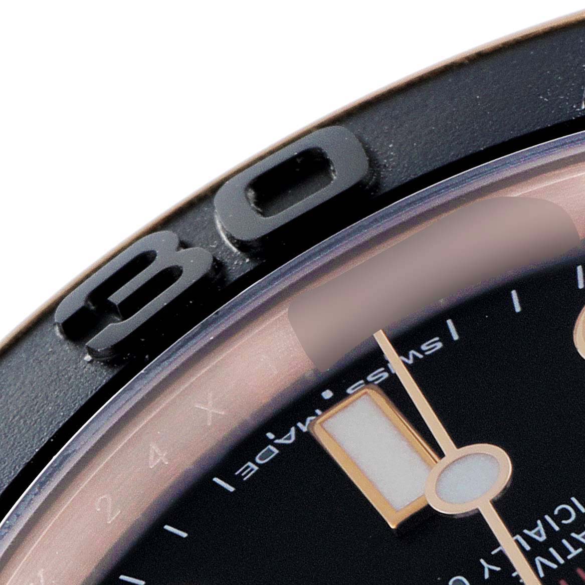 This image shows a close-up of the bezel and dial of a Rolex Yacht-Master 268655 Men
s Rose Gold Black Dial 268655 Men
s Rose Gold Black Dial watch.