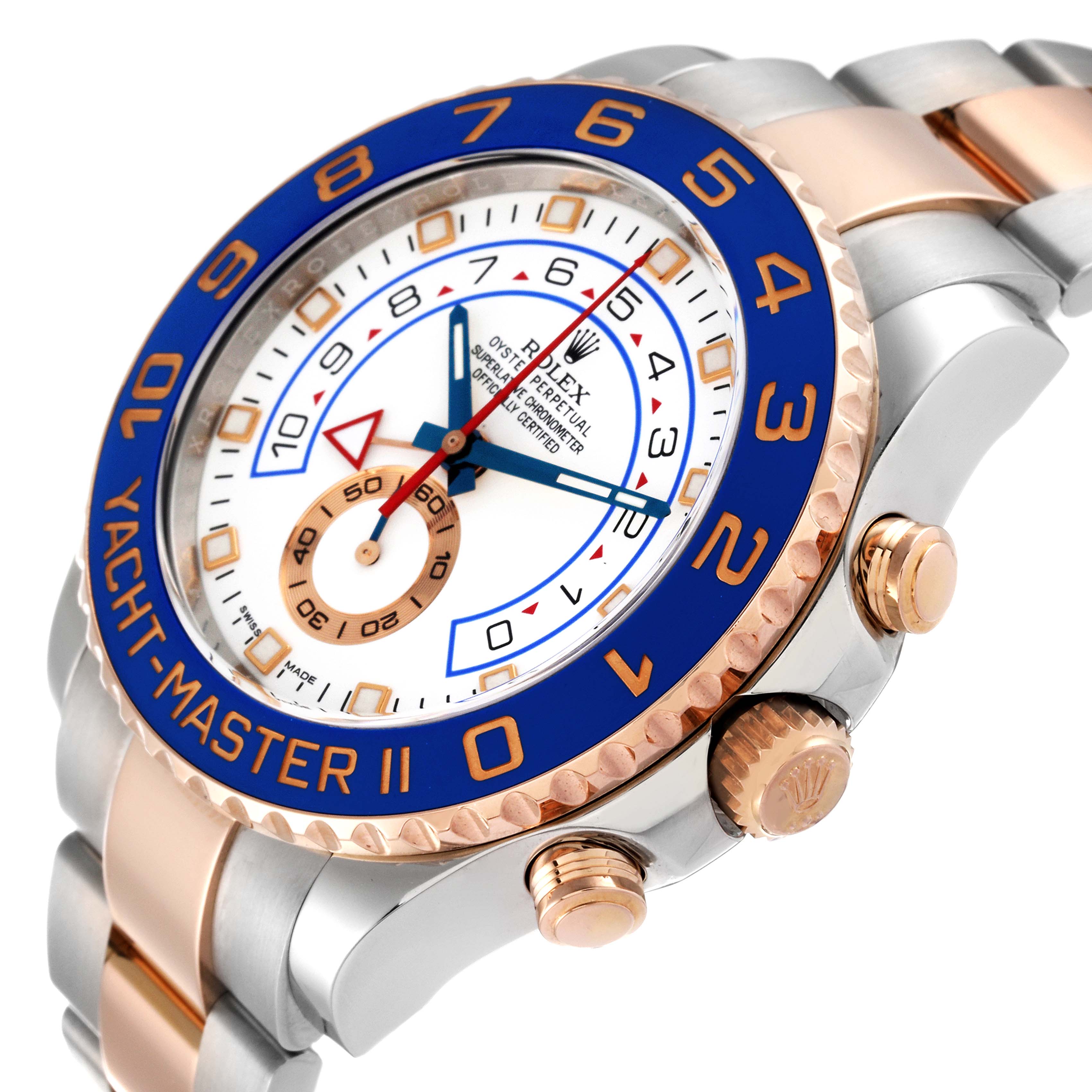 The Rolex Yacht-Master 116681 Men
s Steel and Gold (two tone) White Dial 116681 Men
s Steel and Gold (two tone) White Dial watch is shown at an angled close-up, highlighting the dial, bezel, crown, and part of the bracelet.