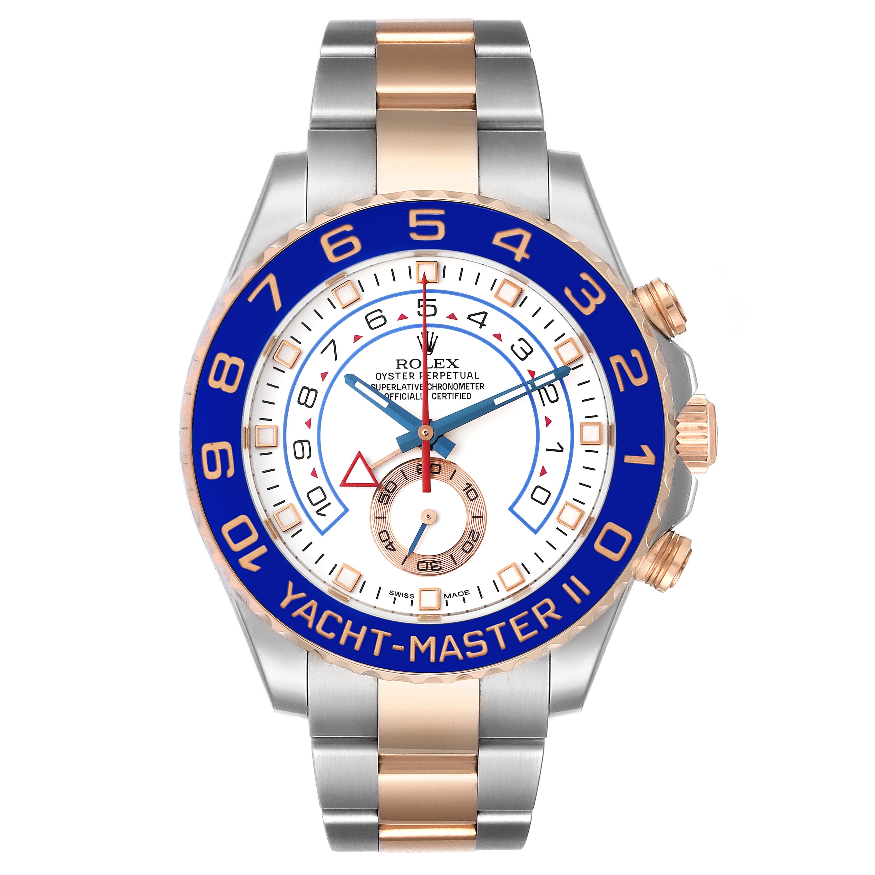 The Rolex Yacht-Master 116681 Men
s Steel and Gold (two tone) White Dial 116681 Men
s Steel and Gold (two tone) White Dial II watch is shown from a straight-on angle, displaying its dial, bezel, and bracelet.