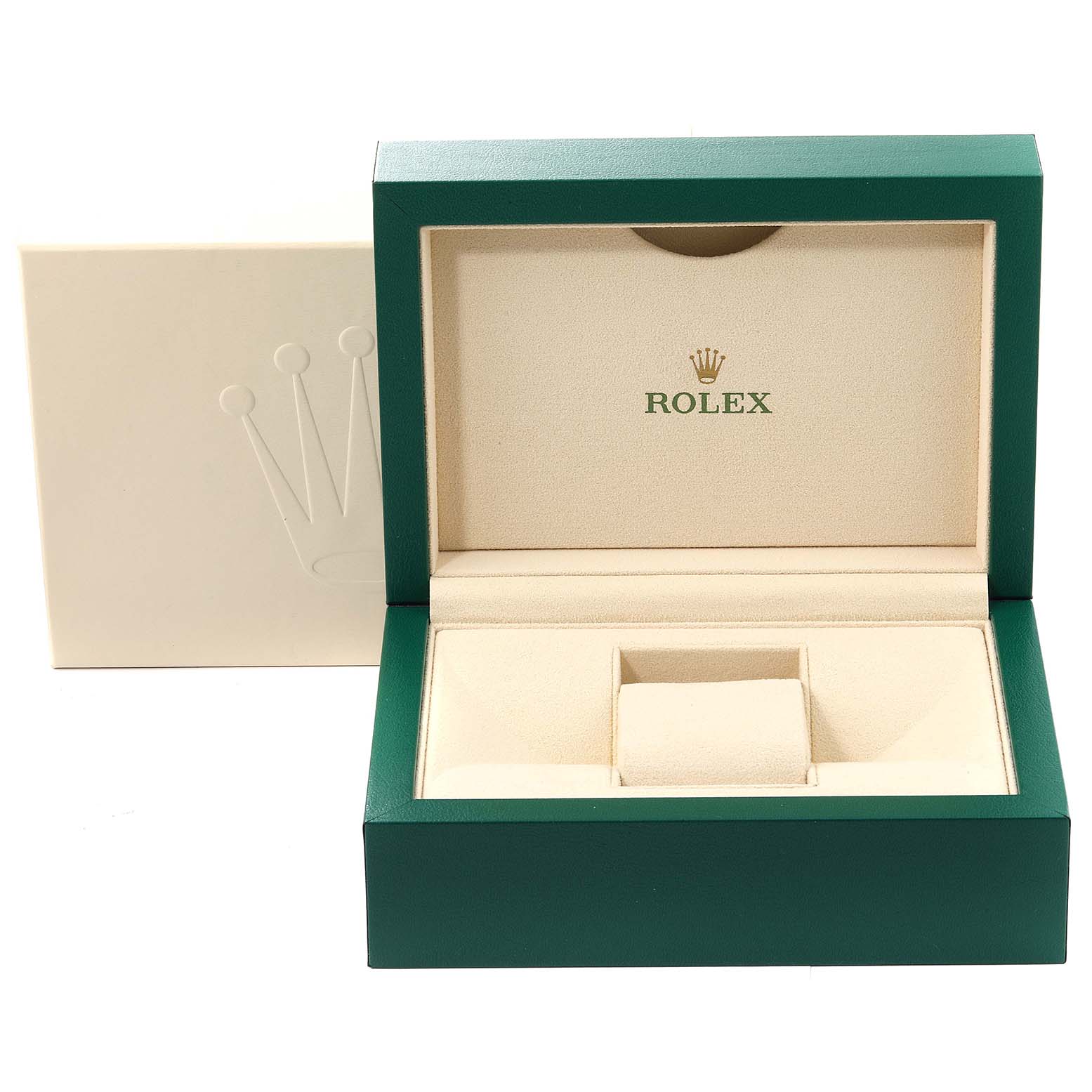 The image shows an open Rolex box for the Yacht-Master model, displaying the interior with the brand logo.