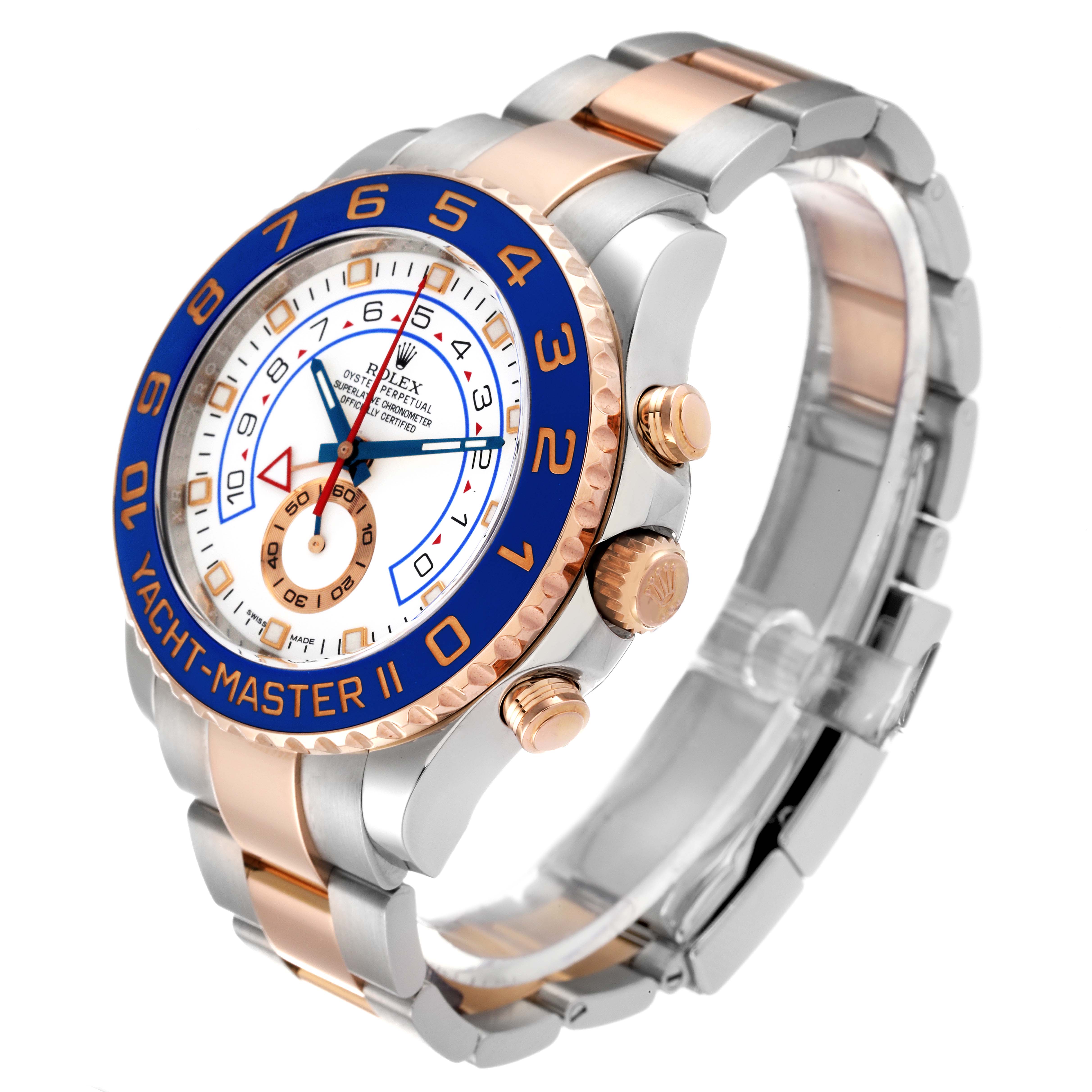 The Rolex Yacht-Master 116681 Men
s Steel and Gold (two tone) White Dial 116681 Men
s Steel and Gold (two tone) White Dial watch is shown at an angle displaying the bezel, dial, case, crown, and bracelet.