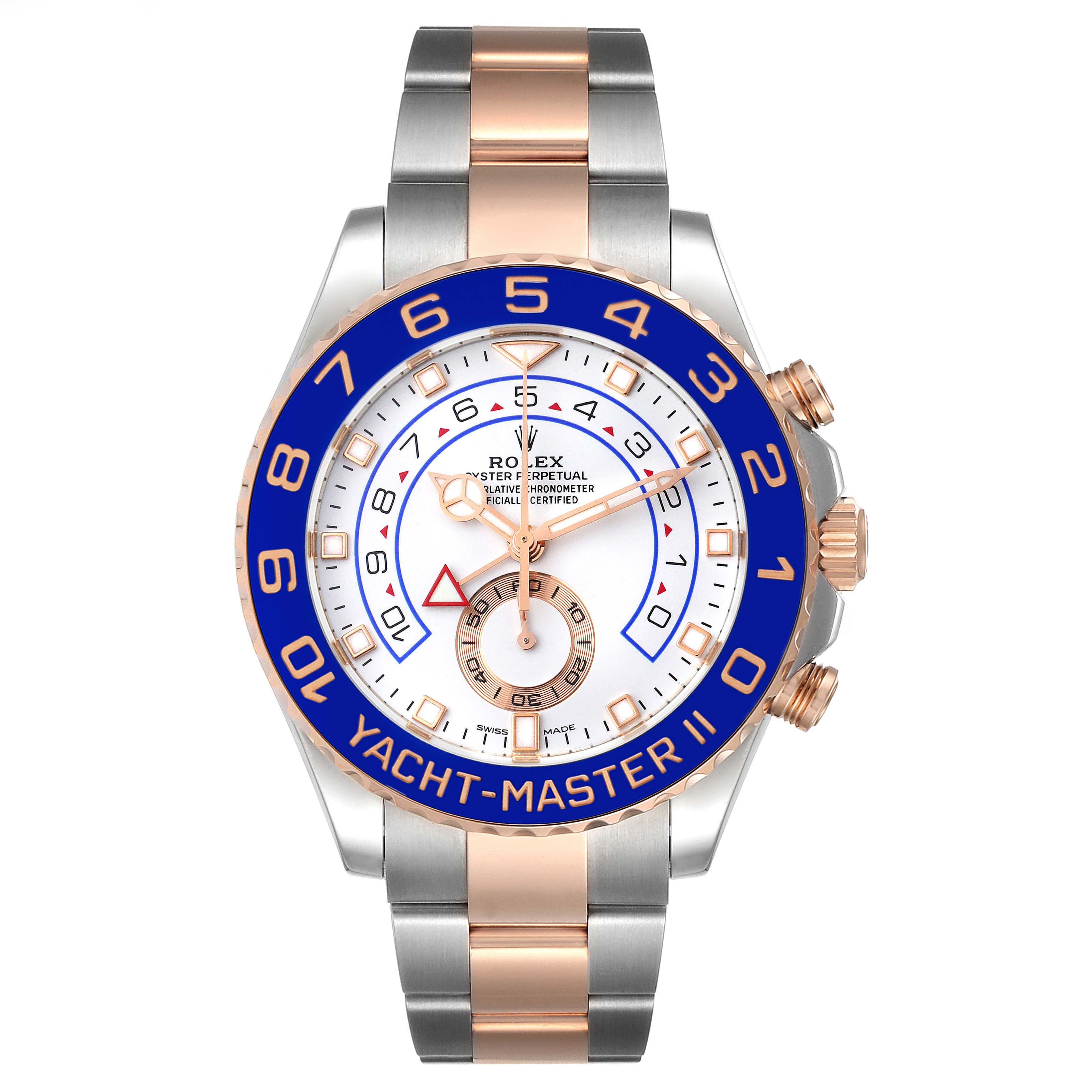 The image shows a front view of the Rolex Yacht-Master 116681 Men
s Steel and Gold (two tone) White Dial 116681 Men
s Steel and Gold (two tone) White Dial II watch with a two-tone metal bracelet and a blue bezel.