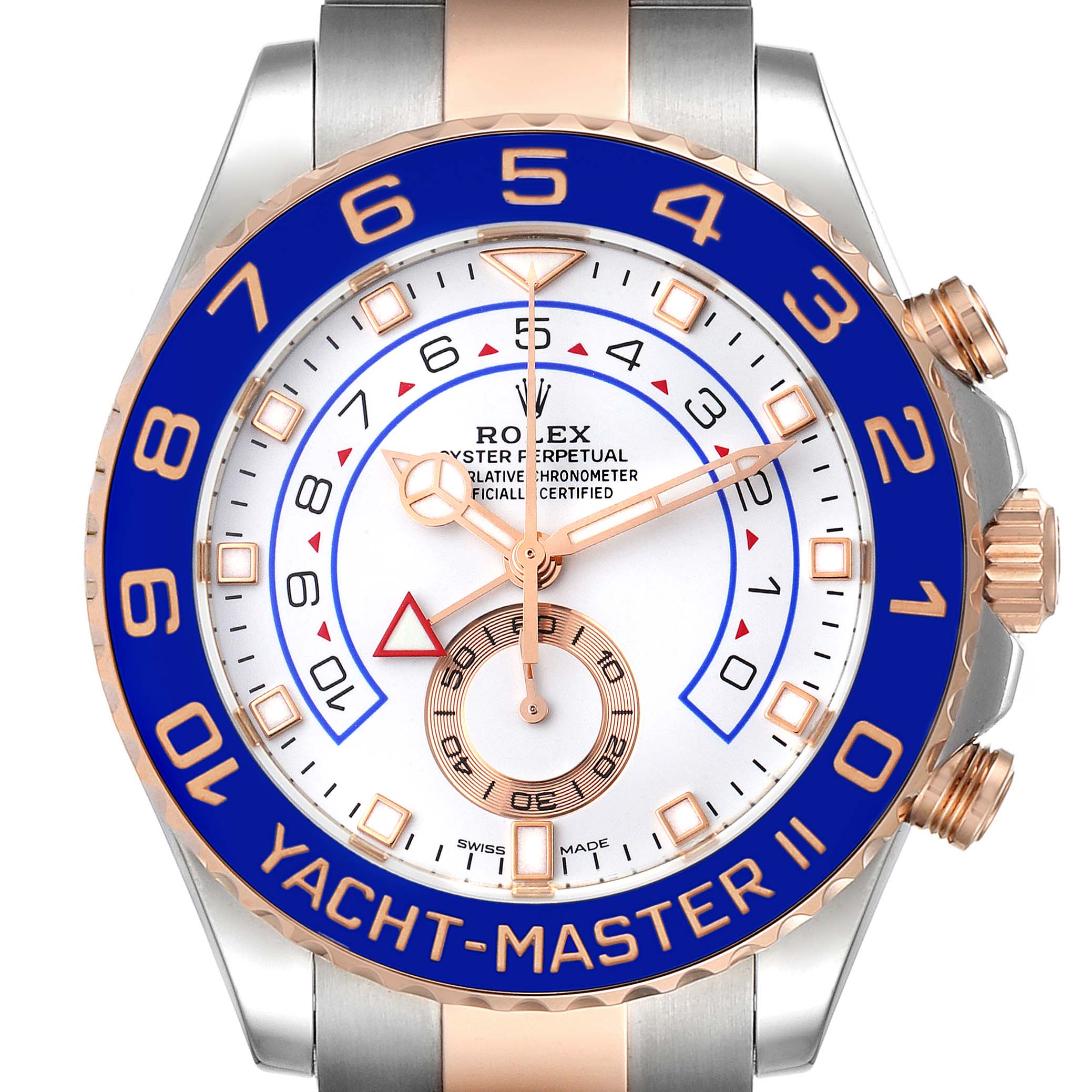 The image shows a front view of a Rolex Yacht-Master 116681 Men
s Steel and Gold (two tone) White Dial 116681 Men
s Steel and Gold (two tone) White Dial II watch, highlighting the blue bezel, dial, hands, and subdials.