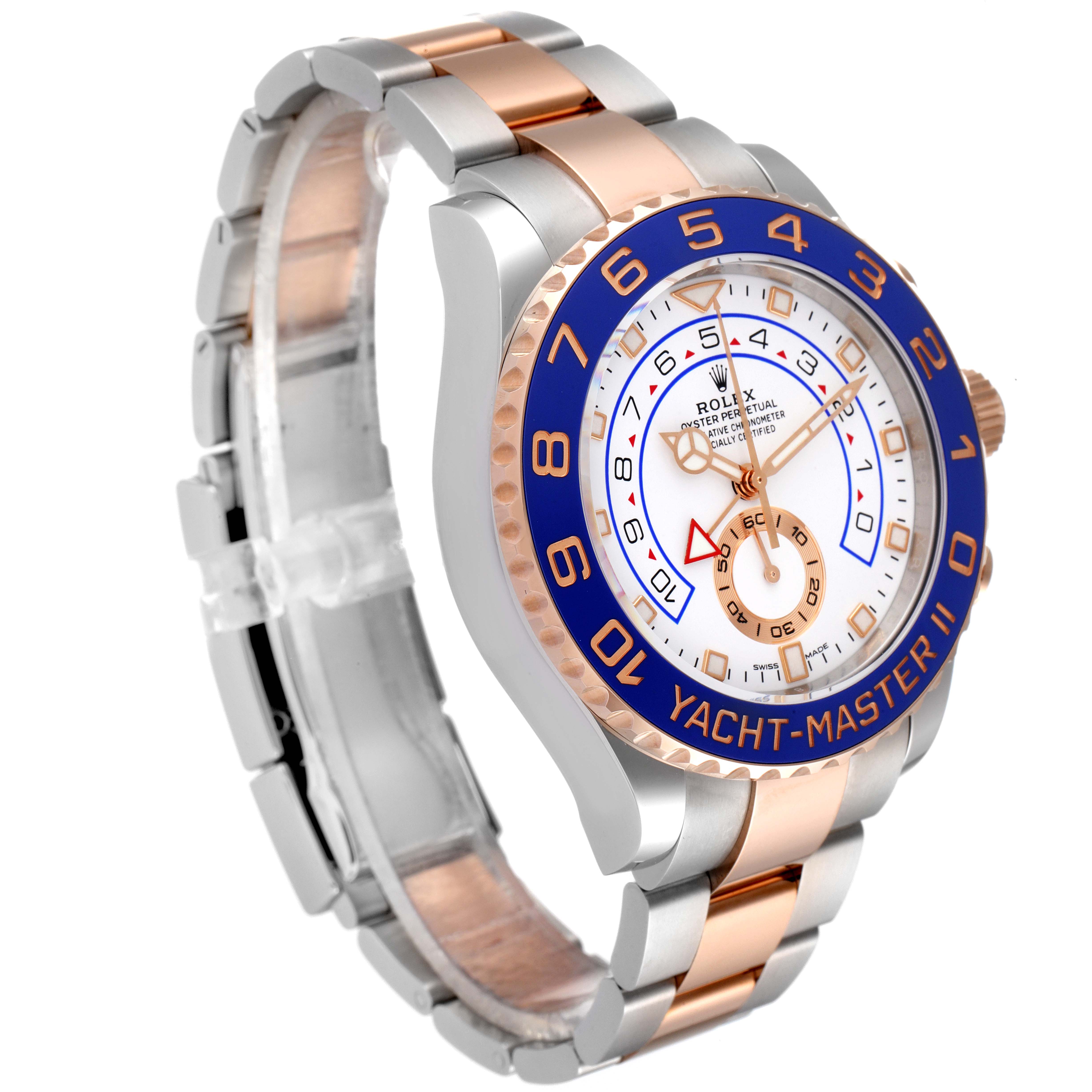 The image shows a side-angle view of a Rolex Yacht-Master 116681 Men
s Steel and Gold (two tone) White Dial 116681 Men
s Steel and Gold (two tone) White Dial watch, highlighting its bezel, dial, and bracelet.