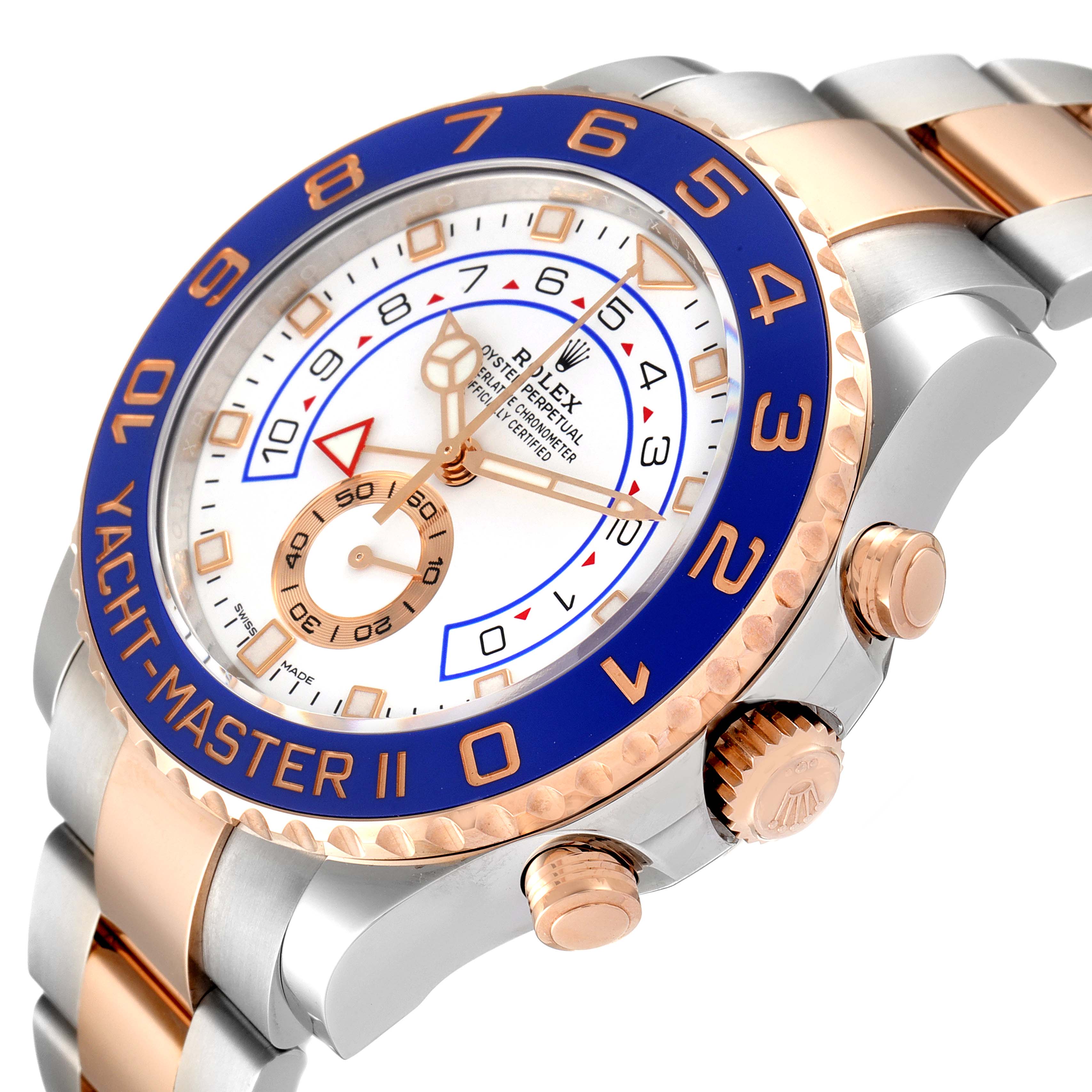 The Rolex Yacht-Master 116681 Men
s Steel and Gold (two tone) White Dial 116681 Men
s Steel and Gold (two tone) White Dial watch is shown at an angle highlighting the face, crown, bezel, and part of the bracelet.