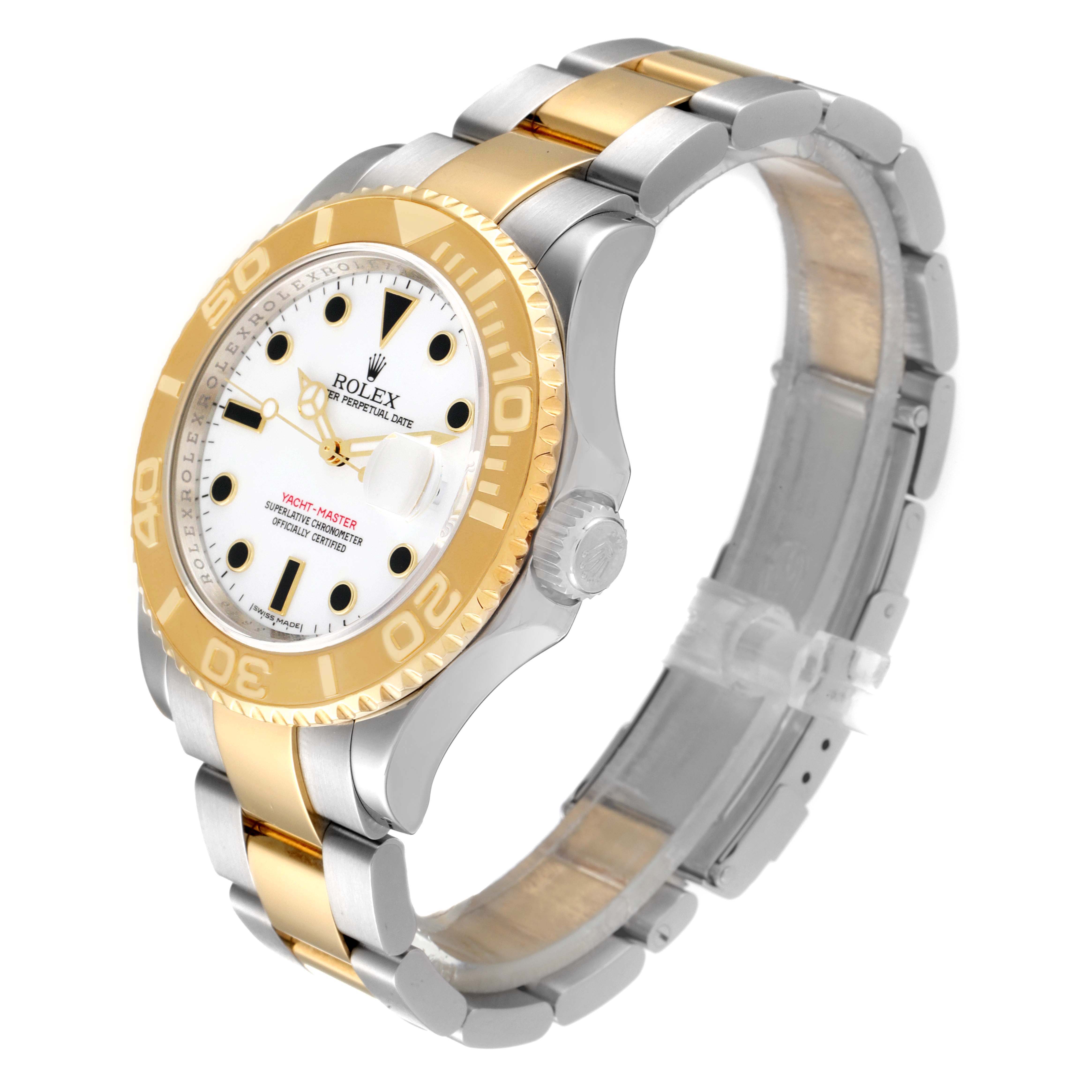 The image shows a Rolex Yacht-Master 16623 Men
s Steel and Gold (two tone) White Dial 16623 Men
s Steel and Gold (two tone) White Dial watch at a three-quarter angle, displaying its dial, bezel, crown, and bracelet.