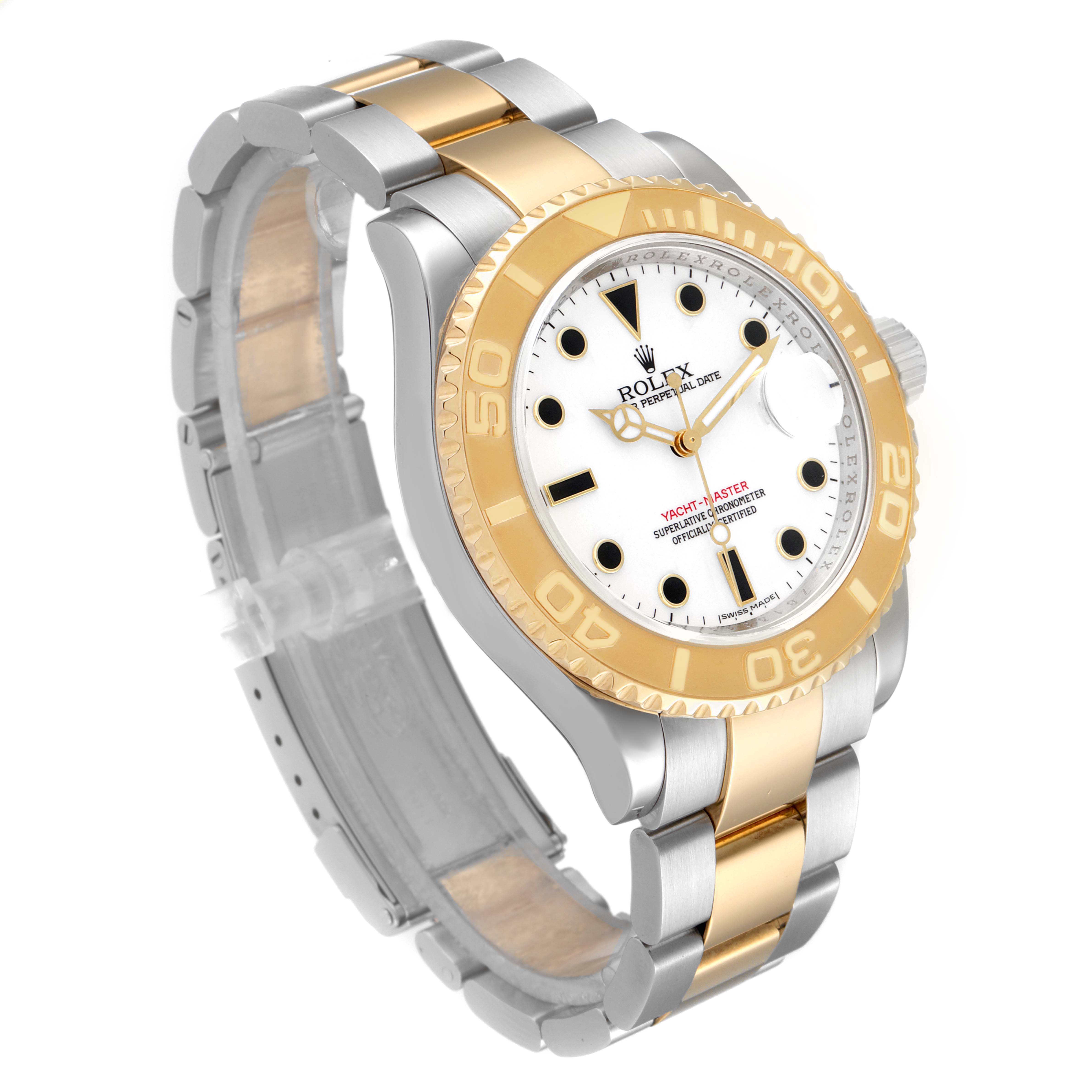 This image shows a Rolex Yacht-Master 16623 Men
s Steel and Gold (two tone) White Dial 16623 Men
s Steel and Gold (two tone) White Dial watch in a three-quarter angle highlighting its gold and stainless steel bracelet, white dial, and gold bezel.