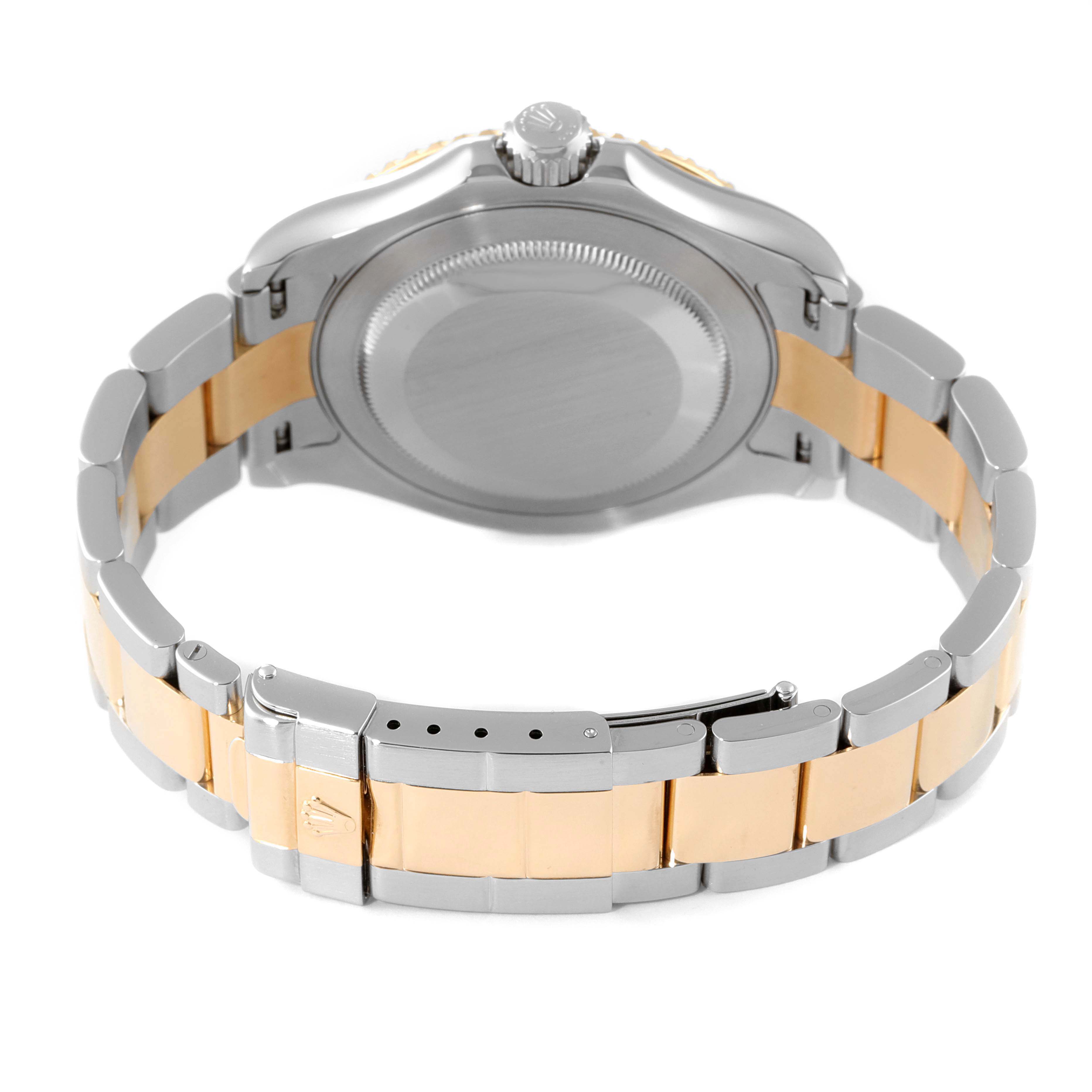 This image shows the back case and bracelet of a Rolex Yacht-Master 16623 Men
s Steel and Gold (two tone) White Dial 16623 Men
s Steel and Gold (two tone) White Dial watch from a slightly elevated rear angle.