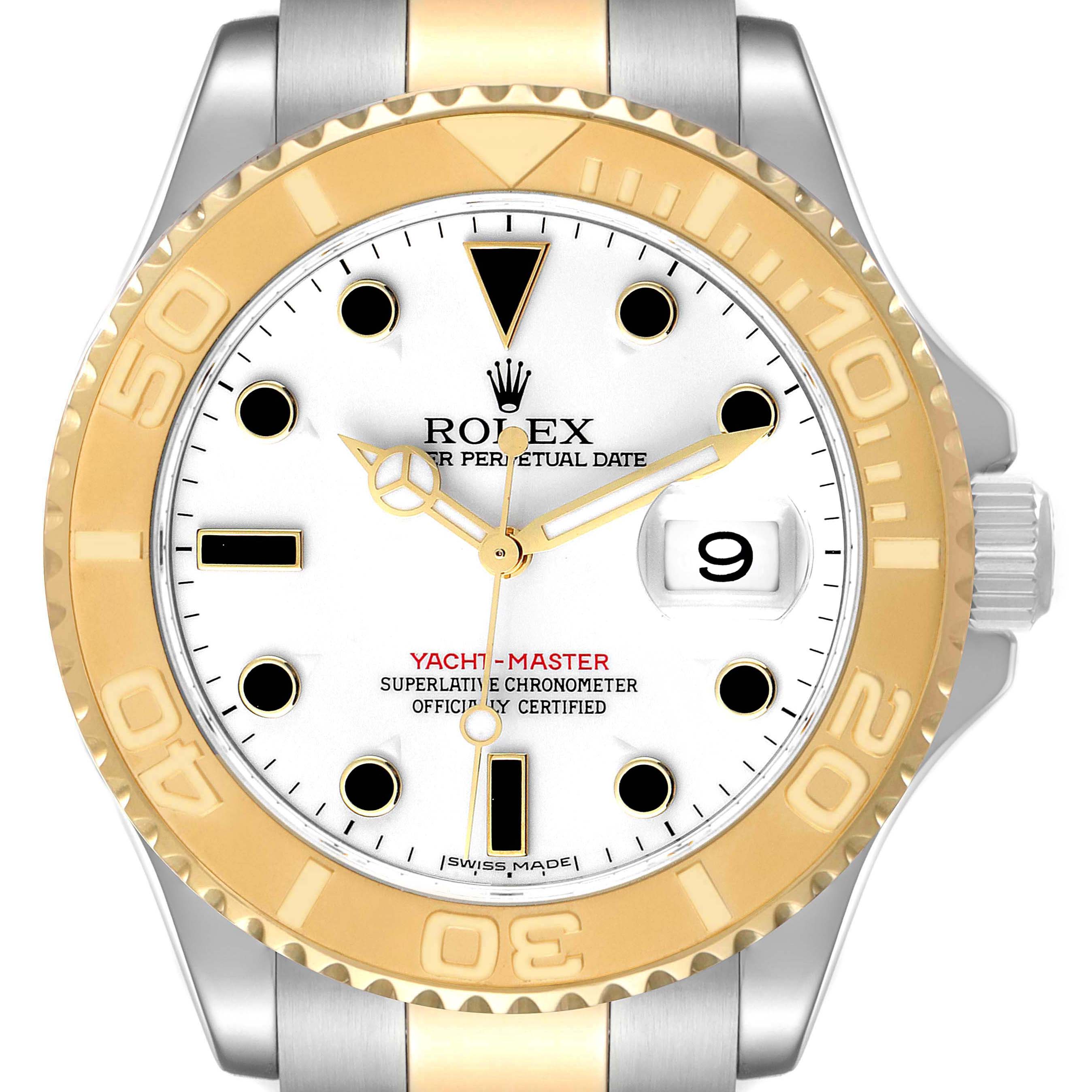 This image shows a close-up of the Rolex Yacht-Master 16623 Men
s Steel and Gold (two tone) White Dial 16623 Men
s Steel and Gold (two tone) White Dial watch face, highlighting the dial, hands, bezel, and date window.