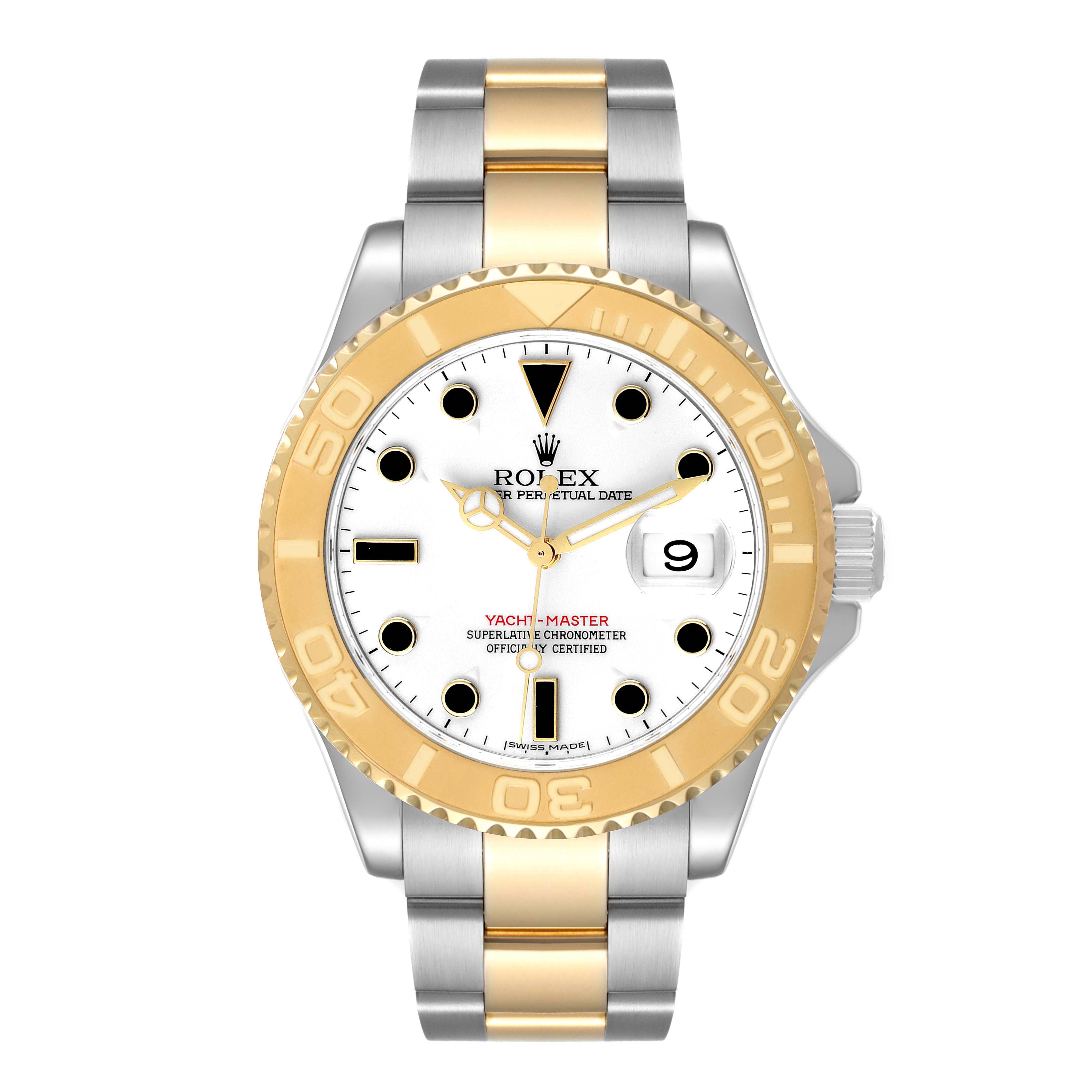 The image shows a front view of the Rolex Yacht-Master 16623 Men
s Steel and Gold (two tone) White Dial 16623 Men
s Steel and Gold (two tone) White Dial watch, highlighting its gold bezel, dial, and two-tone bracelet.