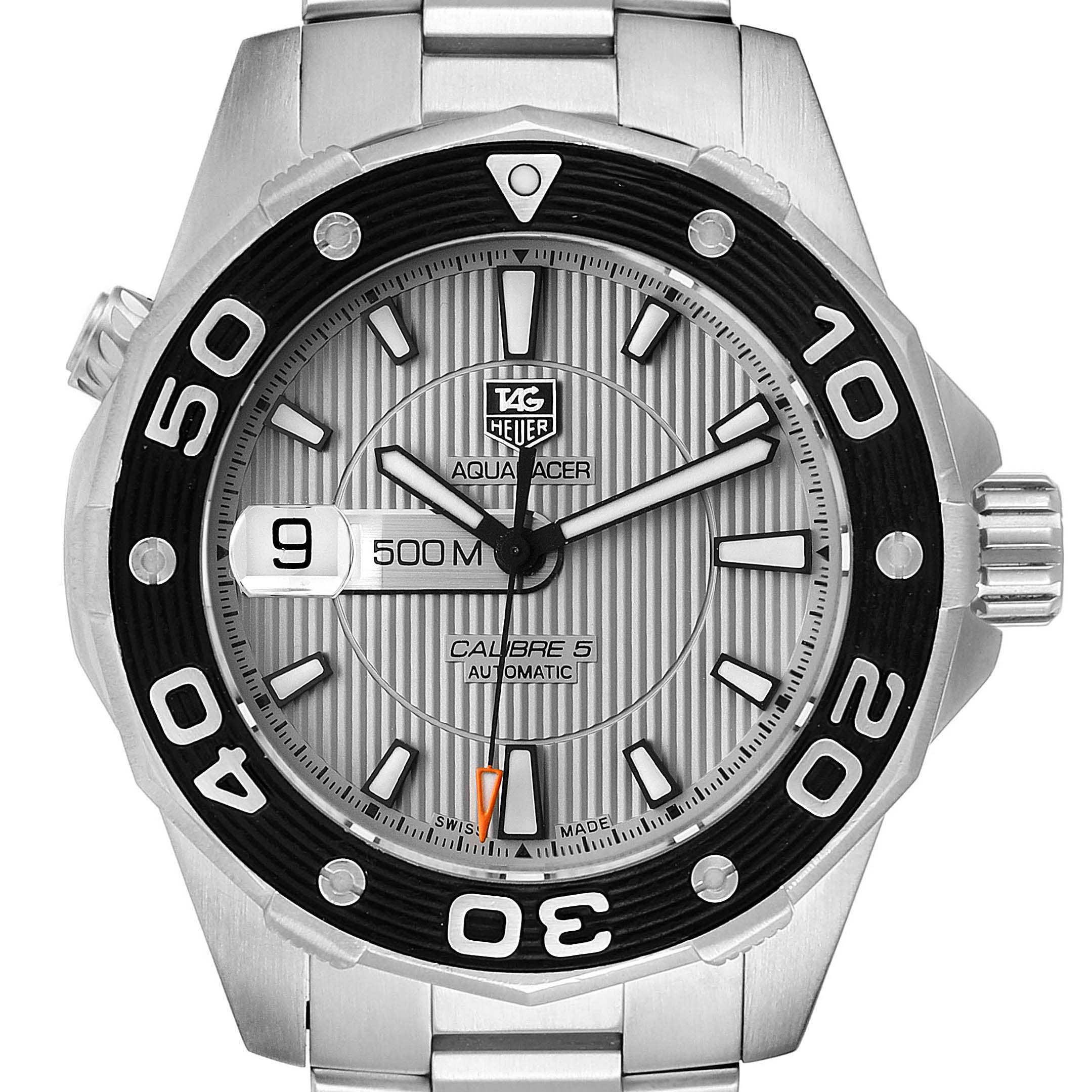 The image shows a frontal view of the Tag Heuer Aquaracer WAJ2111.BA0870 Men's Stainless Steel Grey Dial WAJ2111.BA0870 Men's Stainless Steel Grey Dial watch, highlighting its dial, bezel, hands, and date display.