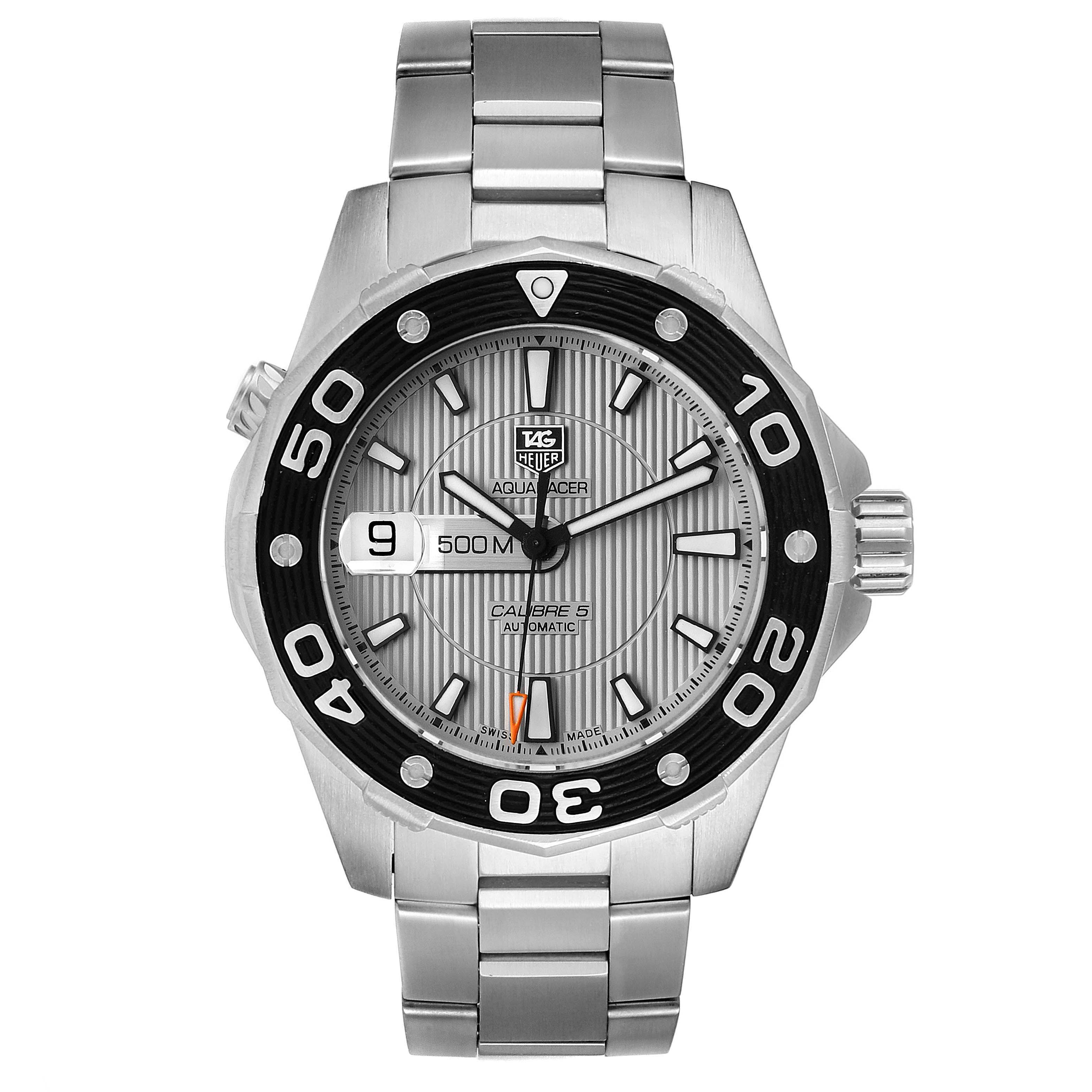 The image shows a front view of a Tag Heuer Aquaracer WAJ2111.BA0870 Men's Stainless Steel Grey Dial WAJ2111.BA0870 Men's Stainless Steel Grey Dial watch, featuring its dial, bezel, and stainless steel bracelet.