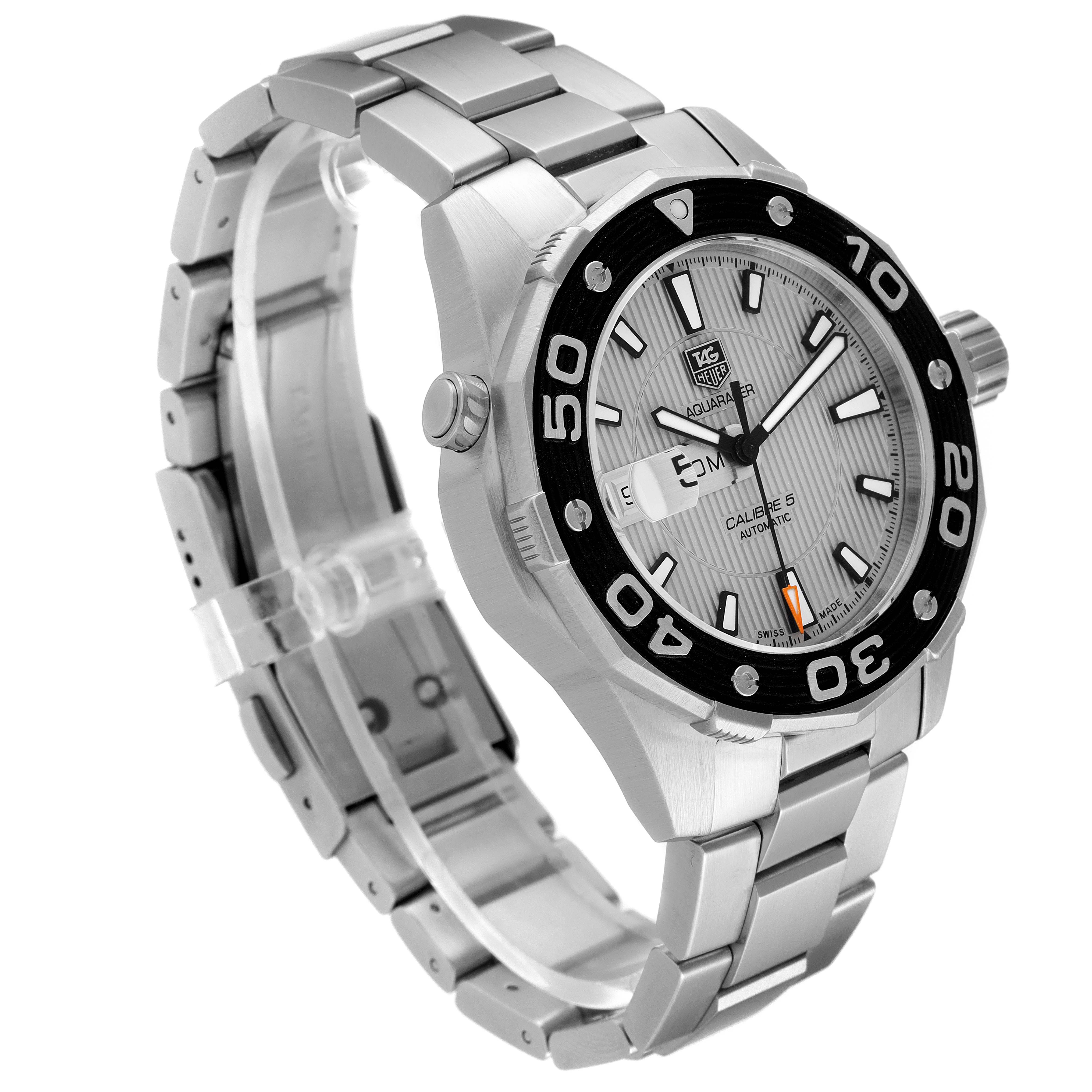 The image shows a side angle of the Tag Heuer Aquaracer WAJ2111.BA0870 Men's Stainless Steel Grey Dial WAJ2111.BA0870 Men's Stainless Steel Grey Dial watch, highlighting the face, bezel, and stainless steel bracelet.