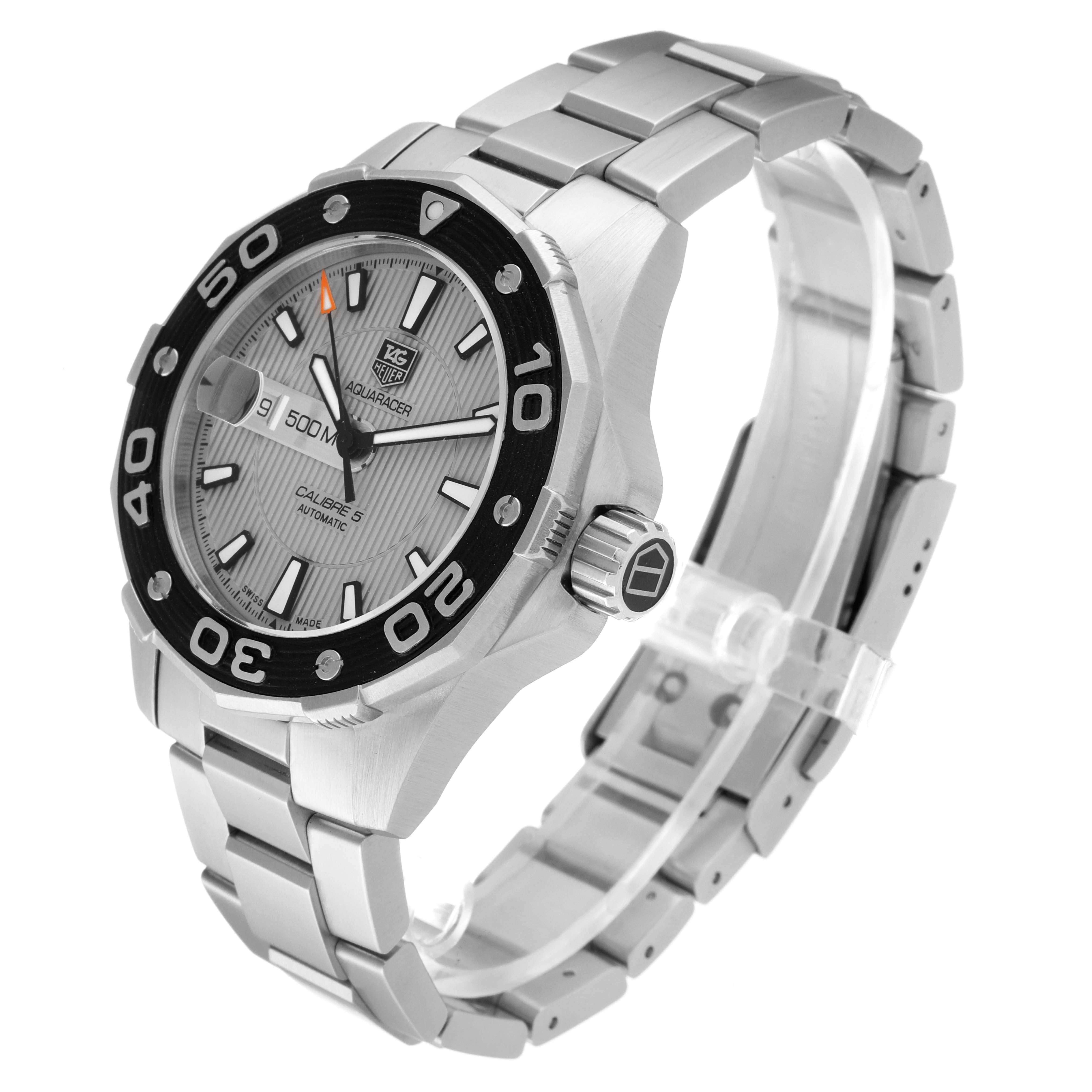 The image shows a Tag Heuer Aquaracer WAJ2111.BA0870 Men's Stainless Steel Grey Dial WAJ2111.BA0870 Men's Stainless Steel Grey Dial watch at an angled view, highlighting its face, bezel, crown, and stainless steel bracelet.