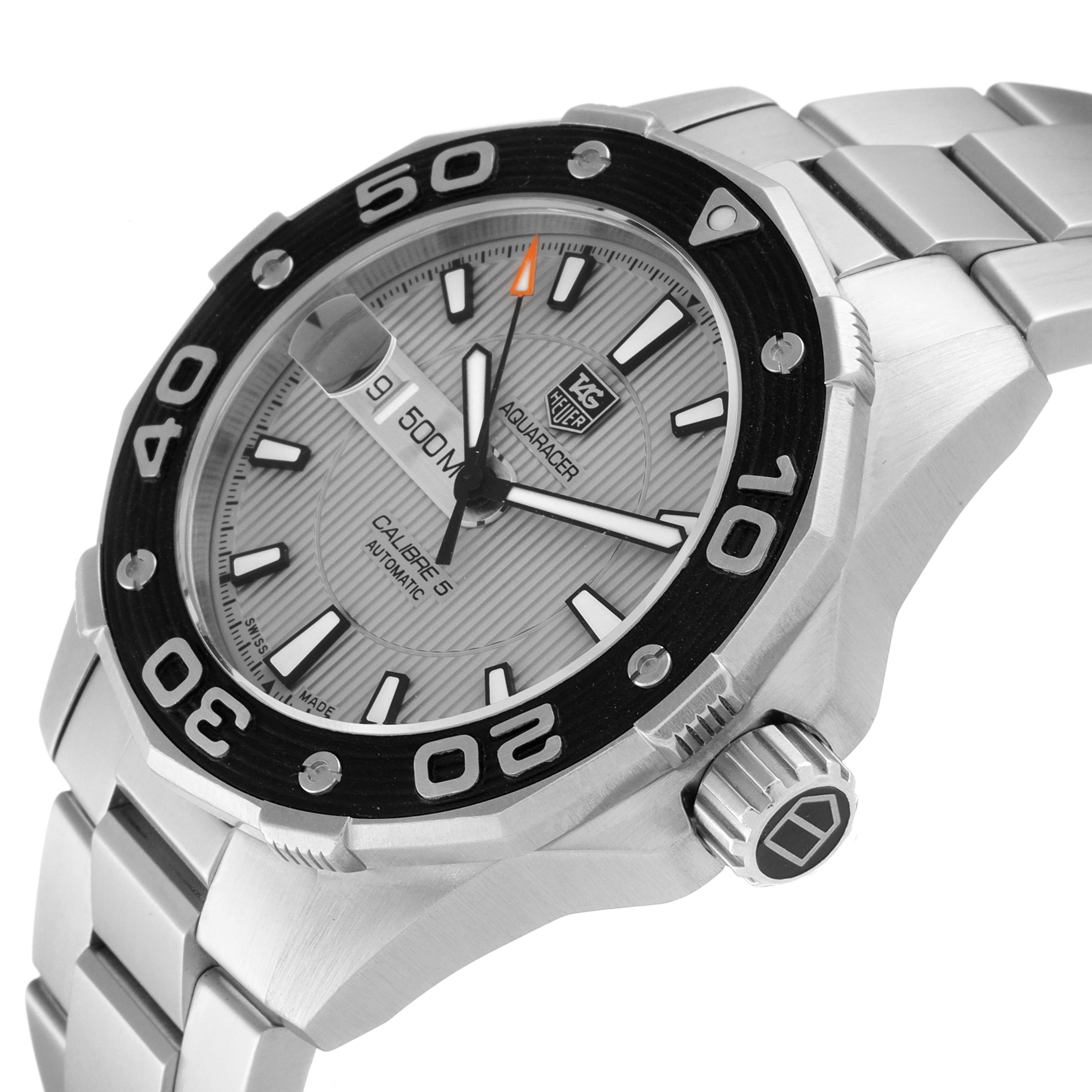 This Tag Heuer Aquaracer WAJ2111.BA0870 Men's Stainless Steel Grey Dial WAJ2111.BA0870 Men's Stainless Steel Grey Dial watch is shown from an angled side view, highlighting the face, bezel, crown, and stainless steel bracelet.