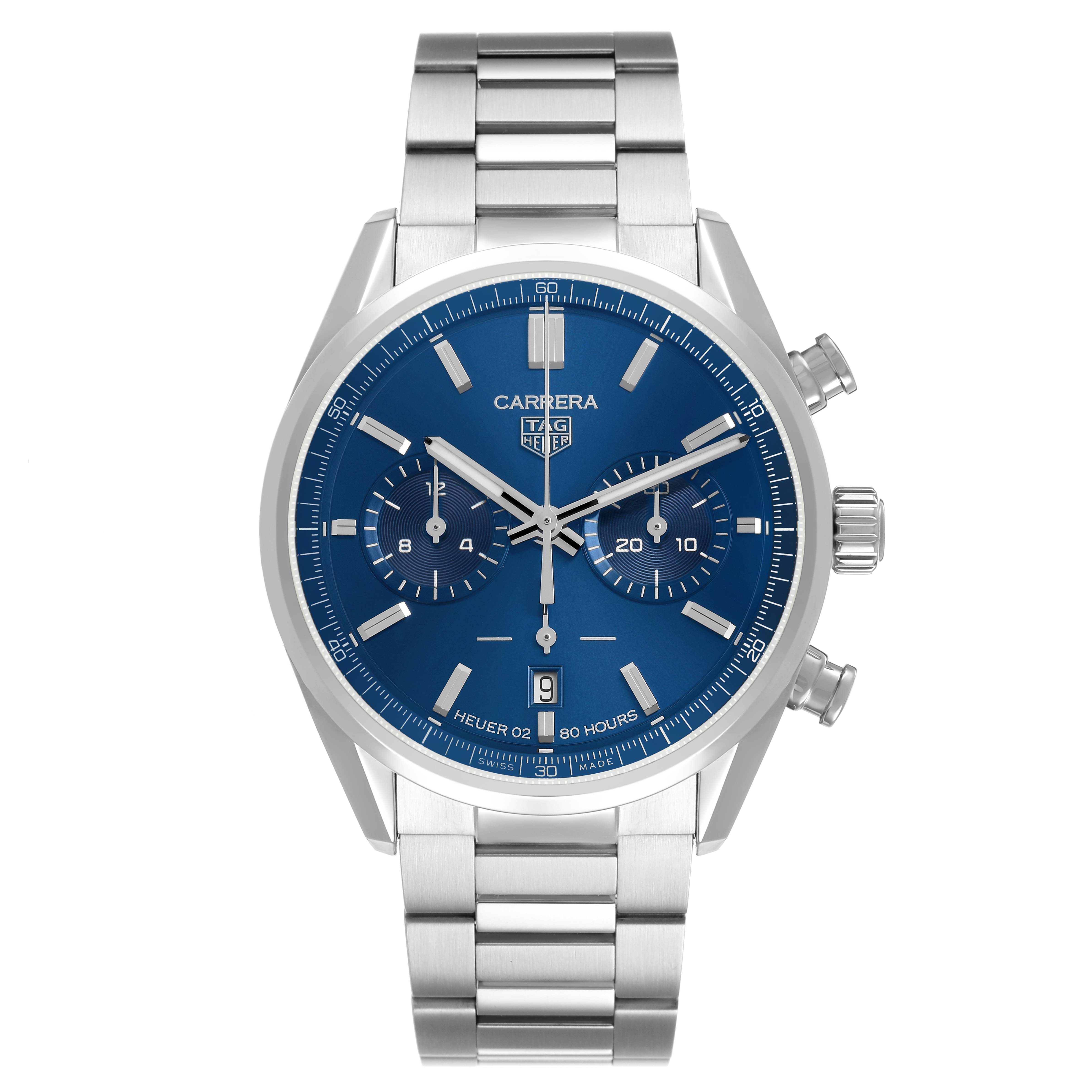 The Tag Heuer Carrera CBN2011 Men's Stainless Steel Blue Dial watch is shown from a top-down angle, displaying the face, bracelet, and side buttons.