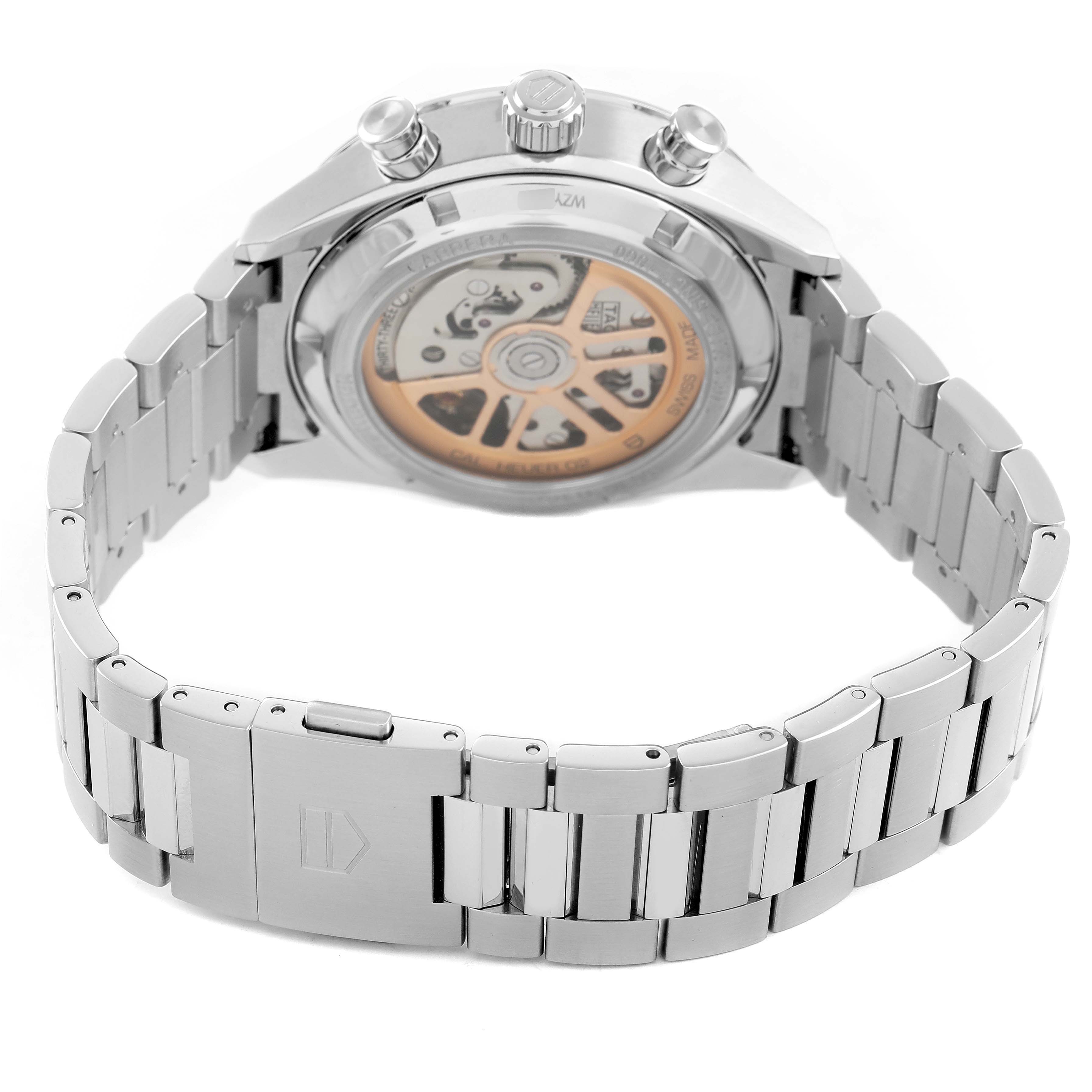 The Tag Heuer Carrera CBN2011 Men's Stainless Steel Blue Dial watch is shown from the back, highlighting the stainless steel bracelet and exhibition case back.