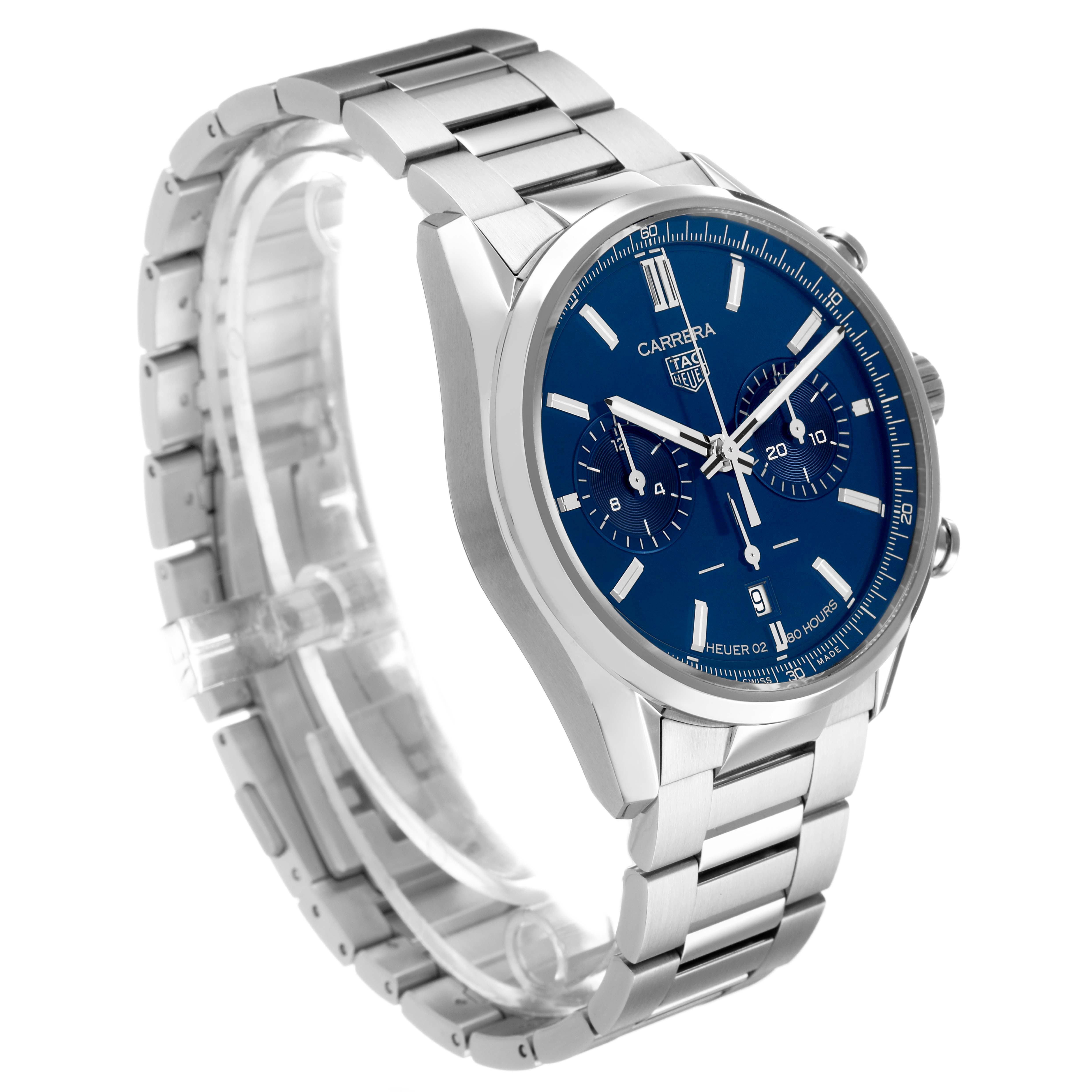 The image shows a Tag Heuer Carrera CBN2011 Men's Stainless Steel Blue Dial watch at a three-quarter angle, highlighting the blue dial, indices, subdials, and metallic bracelet.
