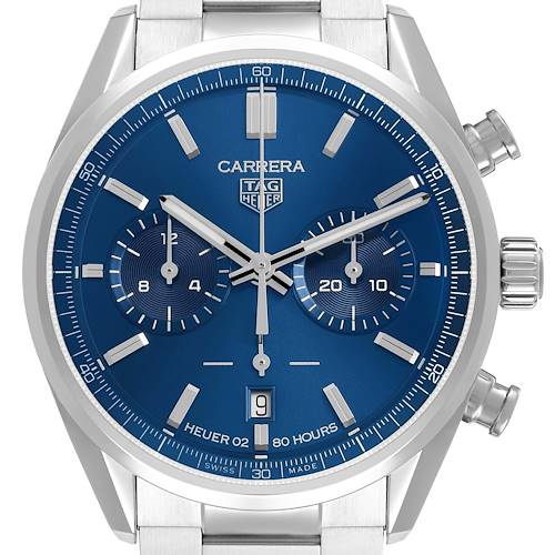 The image shows a Tag Heuer Carrera CBN2011 Men's Stainless Steel Blue Dial watch with a blue dial, chronograph subdials, and stainless steel case and bracelet, viewed from the front.