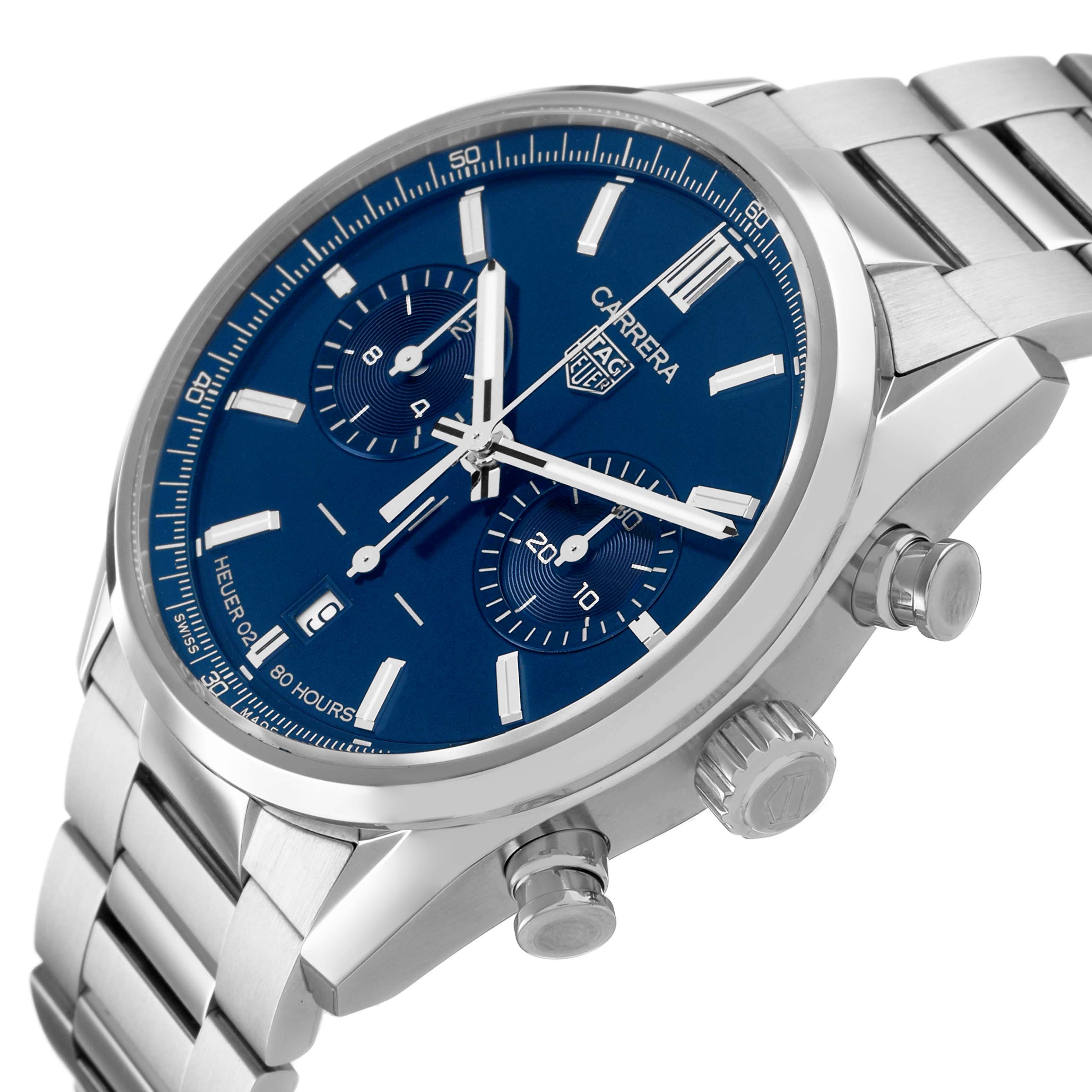 The Tag Heuer Carrera CBN2011 Men's Stainless Steel Blue Dial watch is shown at an angled side view, displaying the face, chronograph dials, and pushers clearly.
