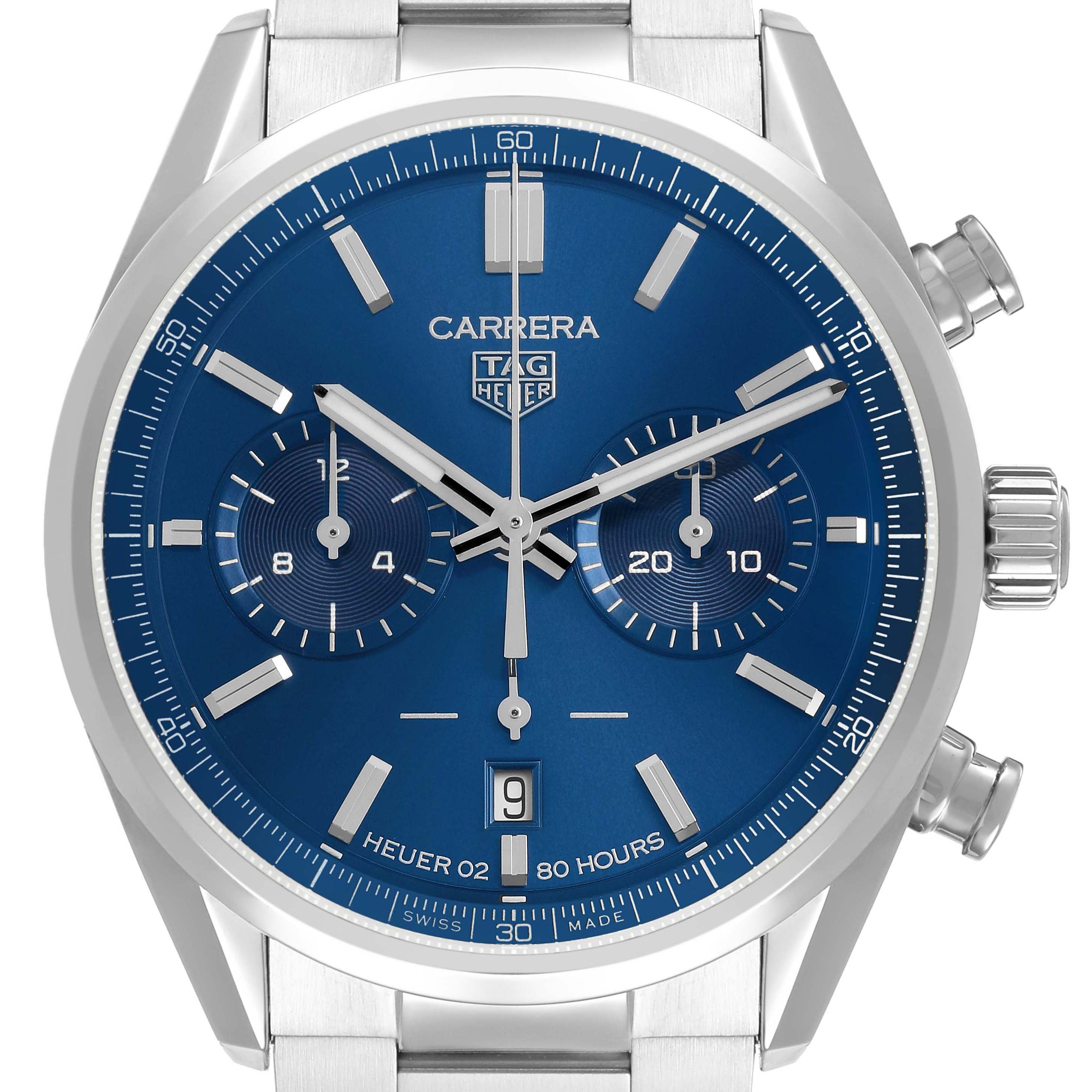 The Tag Heuer Carrera CBN2011 Men's Stainless Steel Blue Dial watch is shown from the front, highlighting its blue dial, subdials, and metal bracelet.
