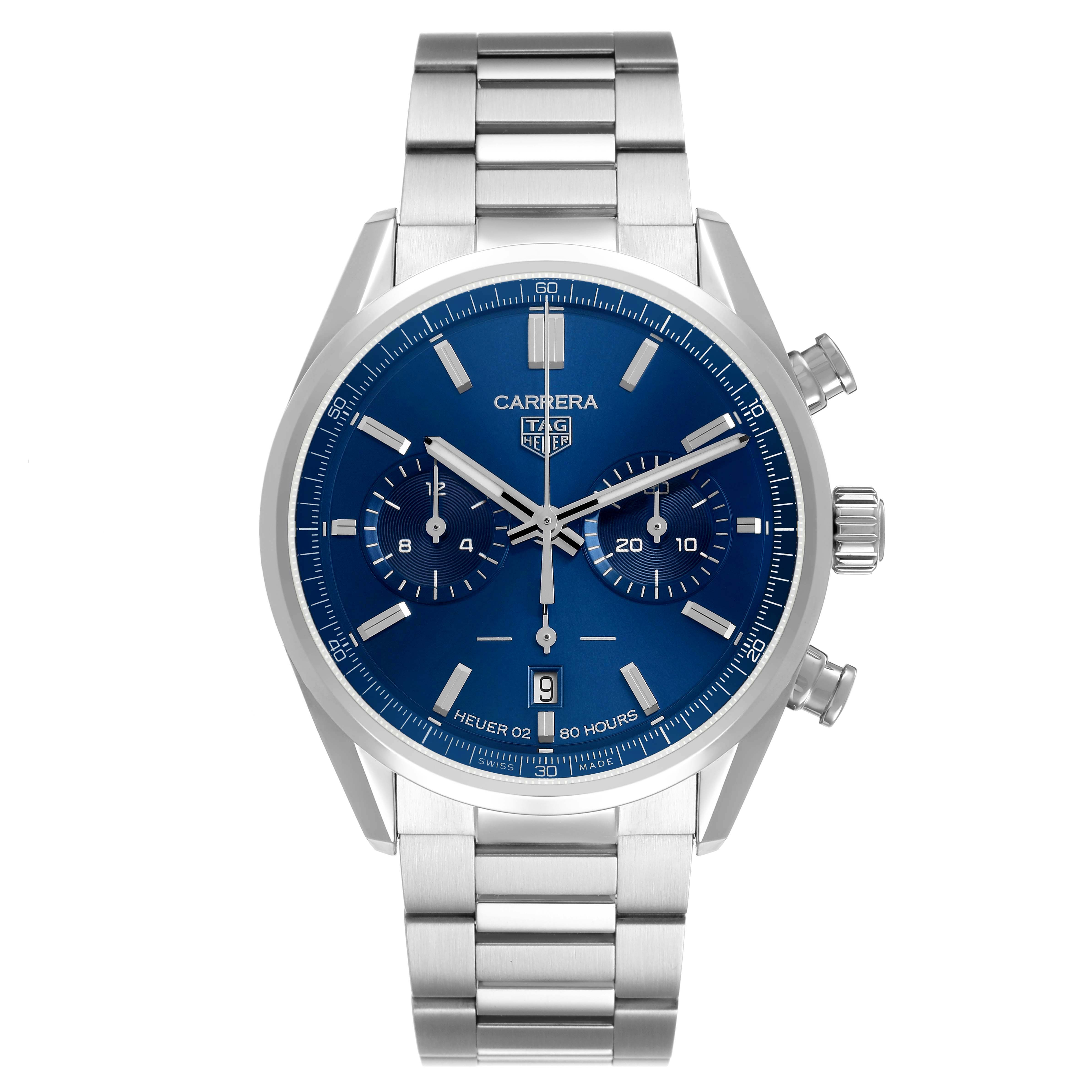 The TAG Heuer Carrera watch is shown from a front view displaying the blue dial, subdials, and stainless steel bracelet.