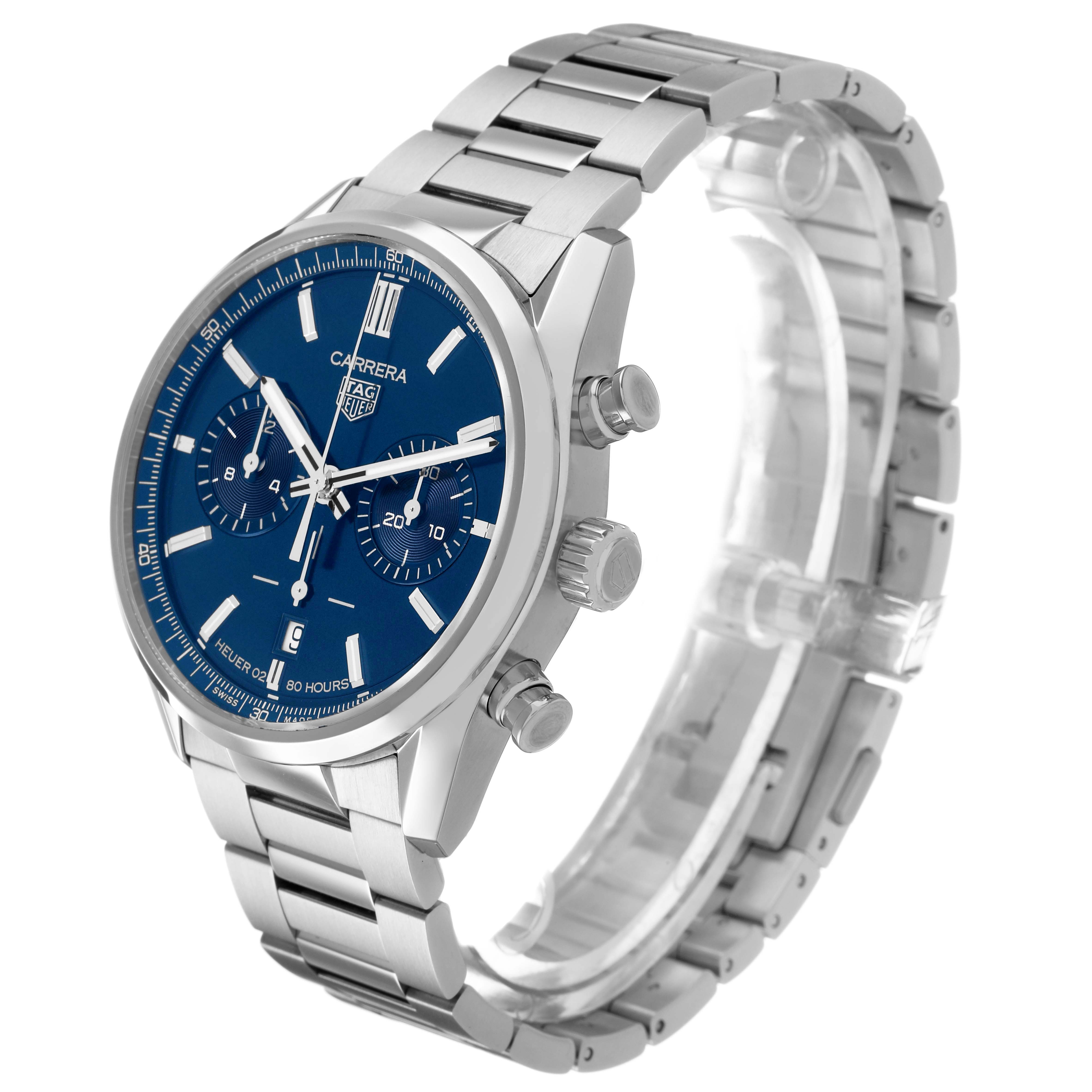 This Tag Heuer Carrera CBN2011 Men's Stainless Steel Blue Dial watch is shown at a three-quarter angle, highlighting the blue dial, chronograph sub-dials, and metal bracelet.