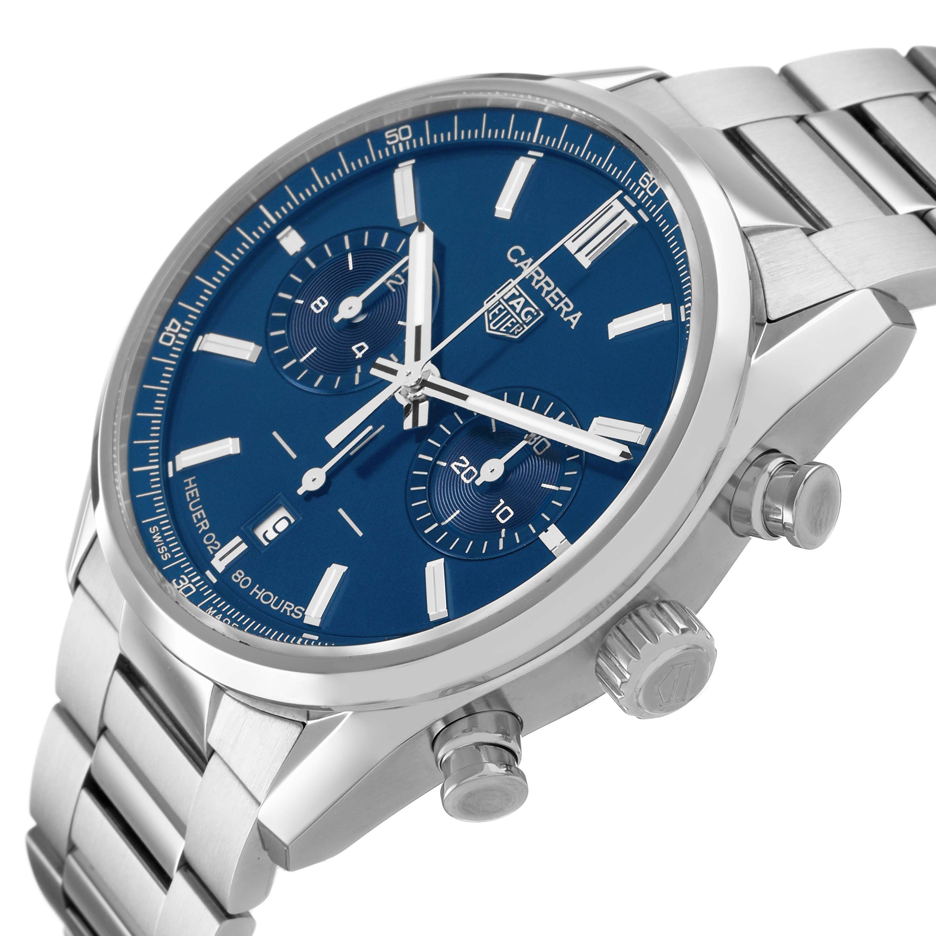 The Tag Heuer Carrera CBN2011 Men's Stainless Steel Blue Dial watch is shown at an oblique angle highlighting the blue dial, subdials, bezel, and stainless steel bracelet.