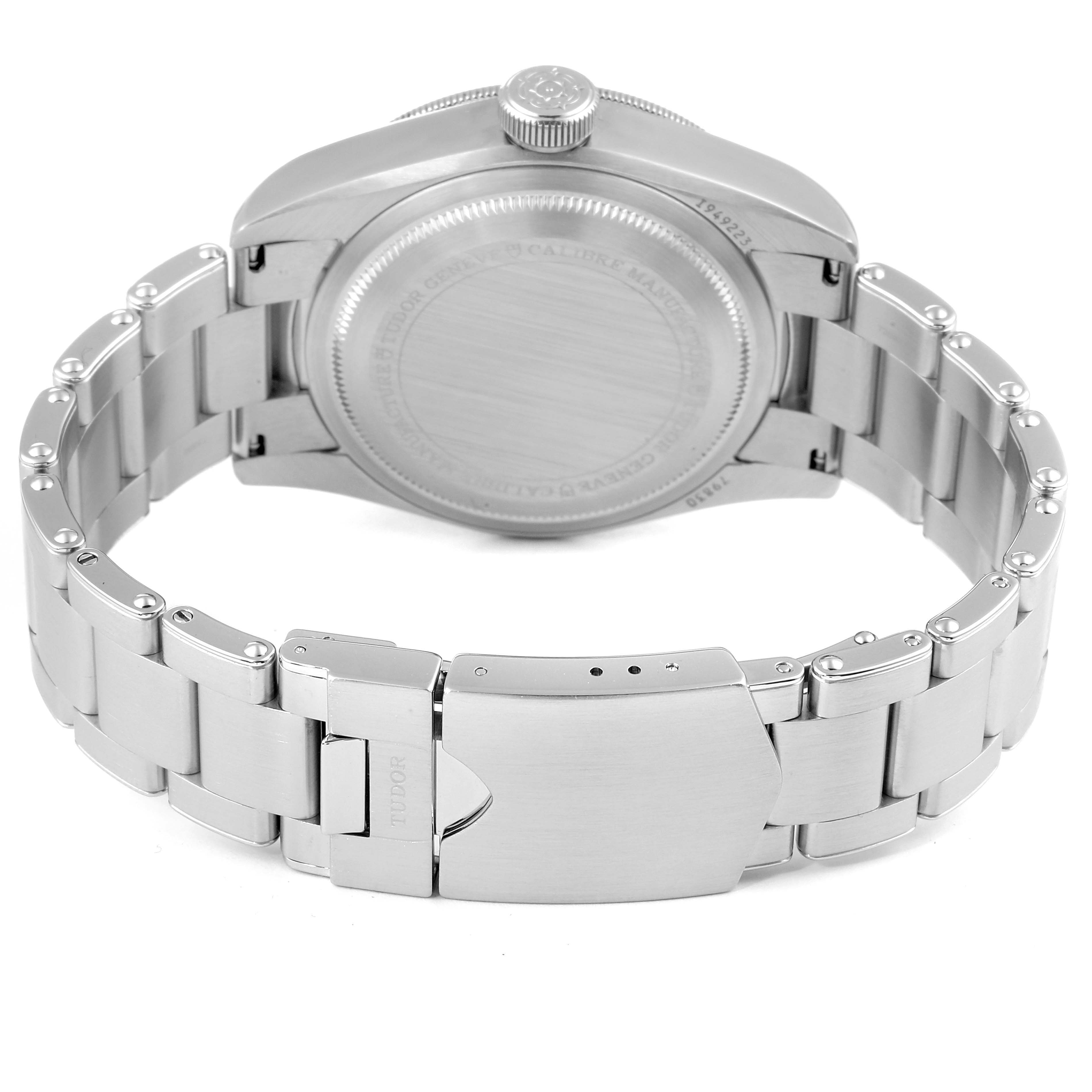 The image shows the back view of the Tudor Heritage Black Bay 79830RB Men's Stainless Steel Black Dial 79830RB Men's Stainless Steel Black Dial watch, focusing on the bracelet and clasp.