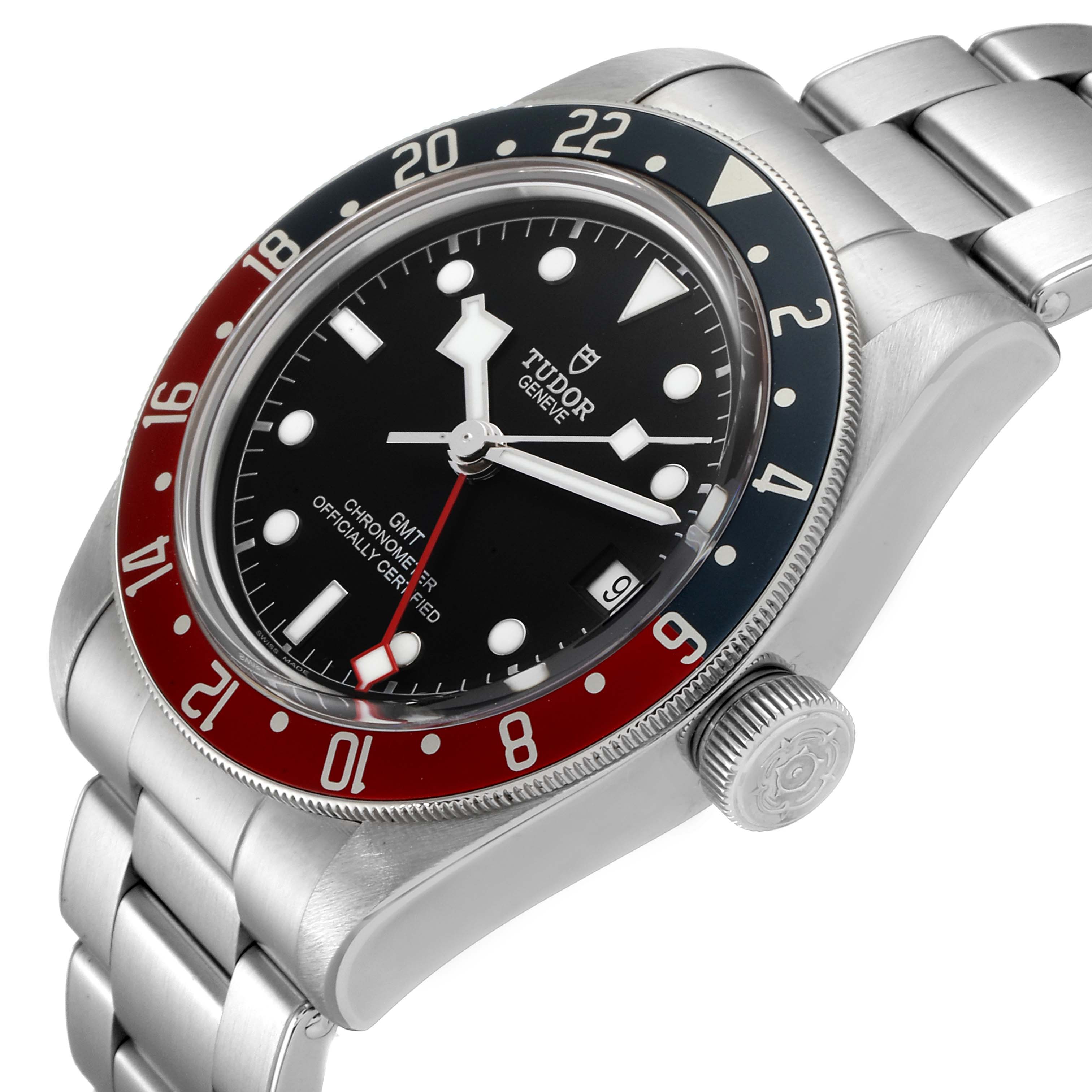 The image shows a close-up angle of the Tudor Heritage Black Bay 79830RB Men's Stainless Steel Black Dial 79830RB Men's Stainless Steel Black Dial watch, featuring the bezel, dial, crown, and part of the bracelet.