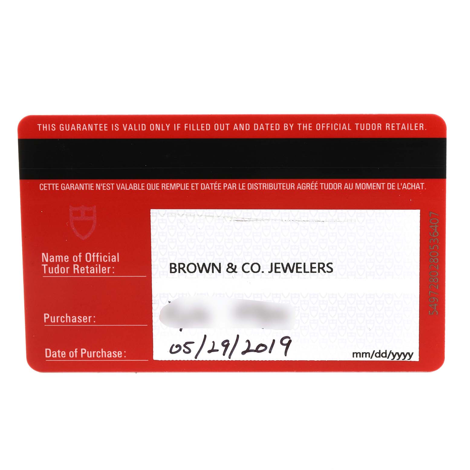 This image shows the warranty card for a Tudor Heritage Black Bay 79830RB Men's Stainless Steel Black Dial 79830RB Men's Stainless Steel Black Dial watch from an official retailer.